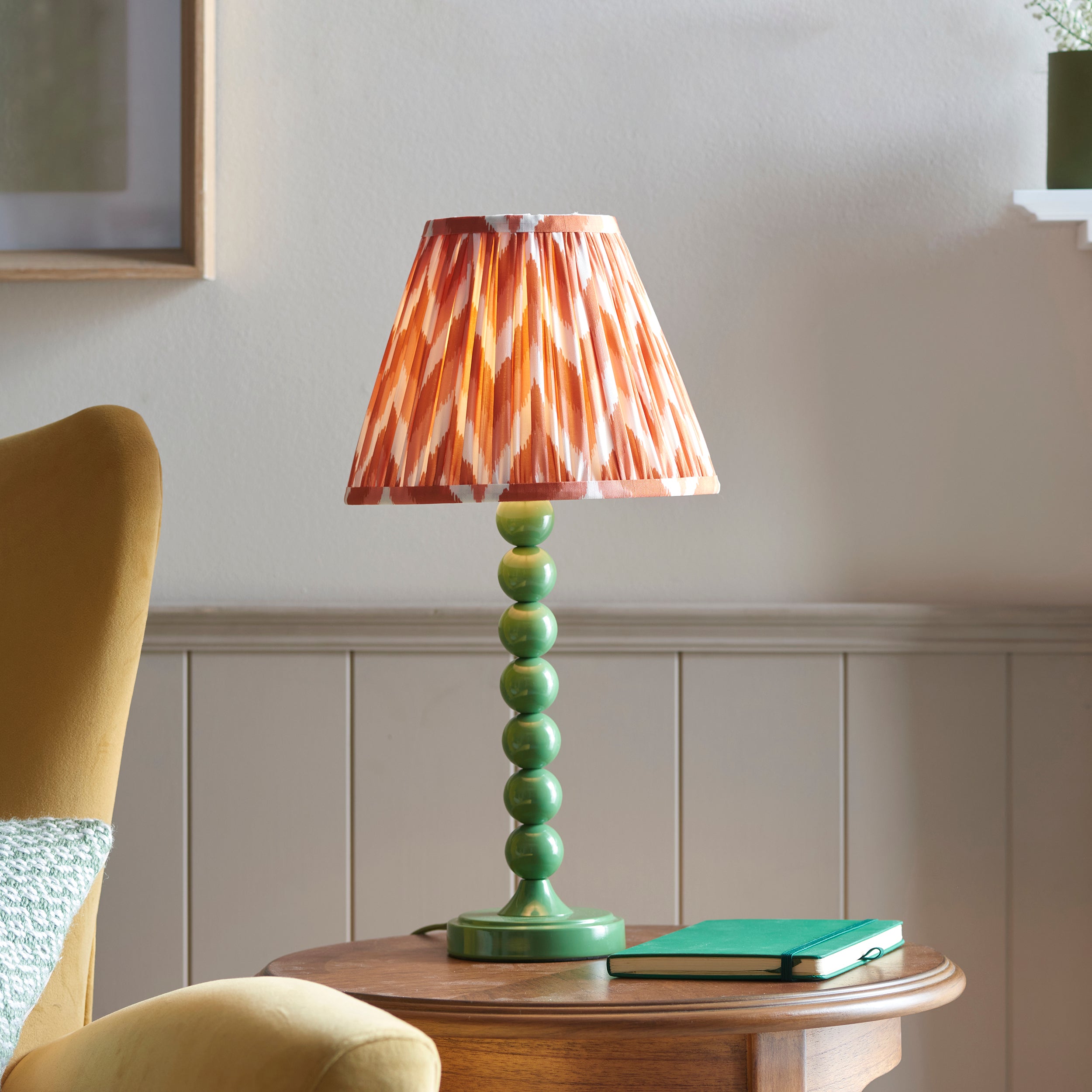Endon Higgledy Gloss Cotswold Green Table Lamp & Zigzag 25cm Apricot Orange Shade