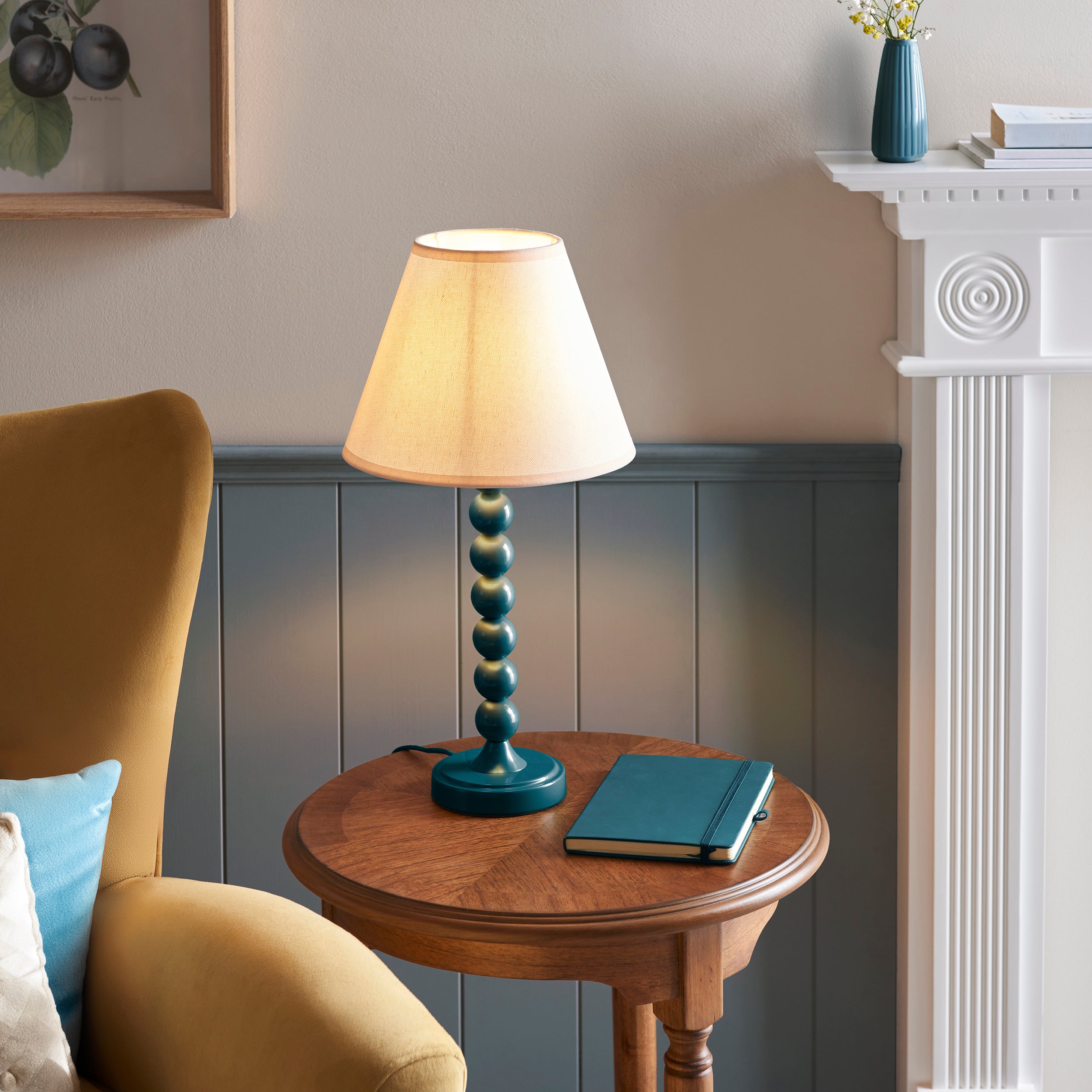 Endon Higgledy Gloss Marlin Blue Table Lamp & Ivy 25cm Vintage White Shade