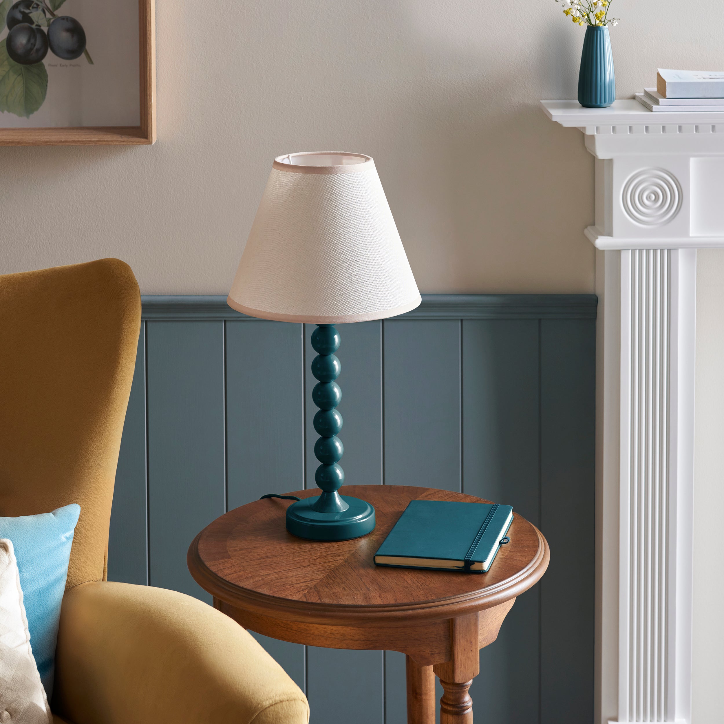 Endon Higgledy Gloss Marlin Blue Table Lamp & Ivy 25cm Vintage White Shade