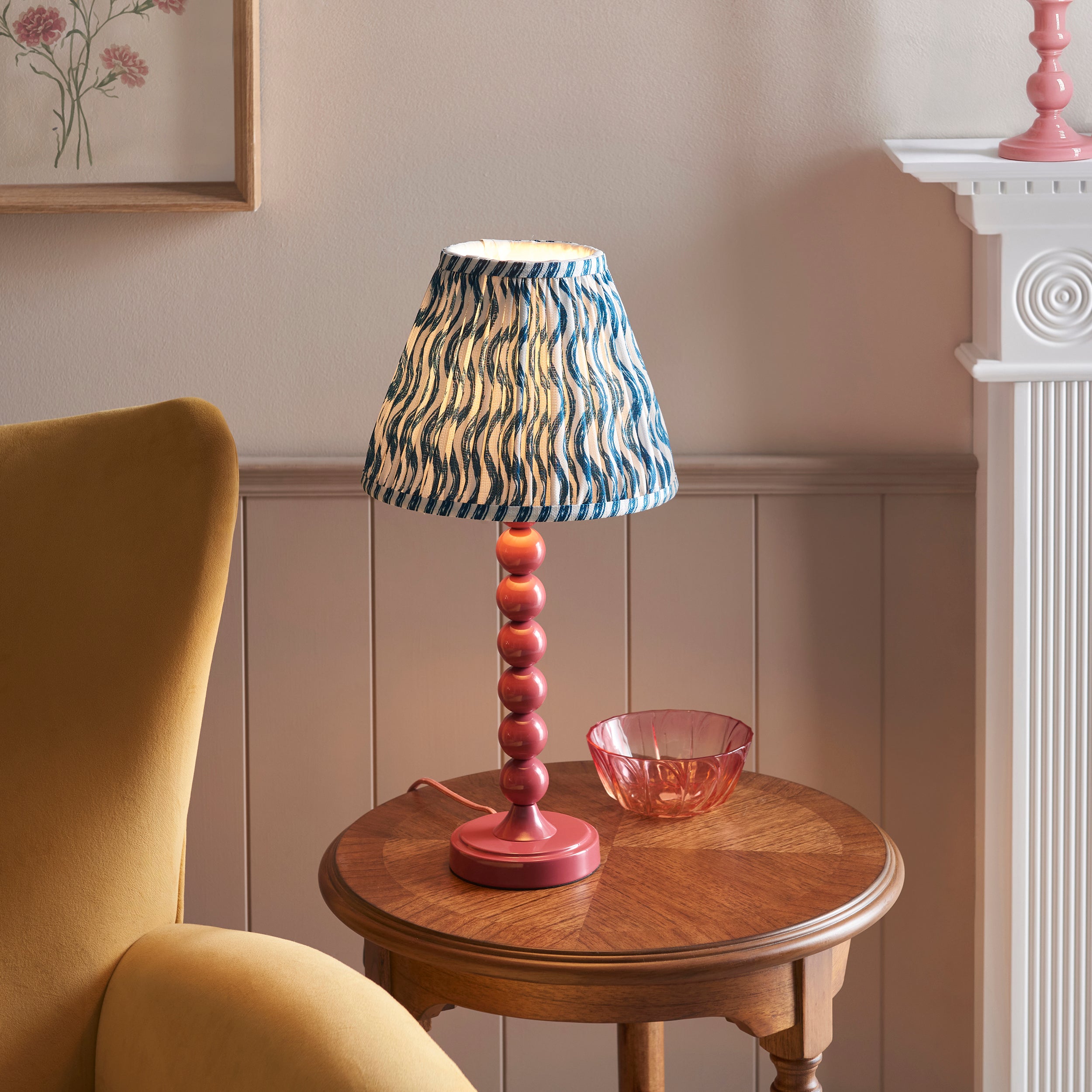 Endon Higgledy Gloss Pink Clay Table Lamp & Ripple 25cm Marlin Blue Shade