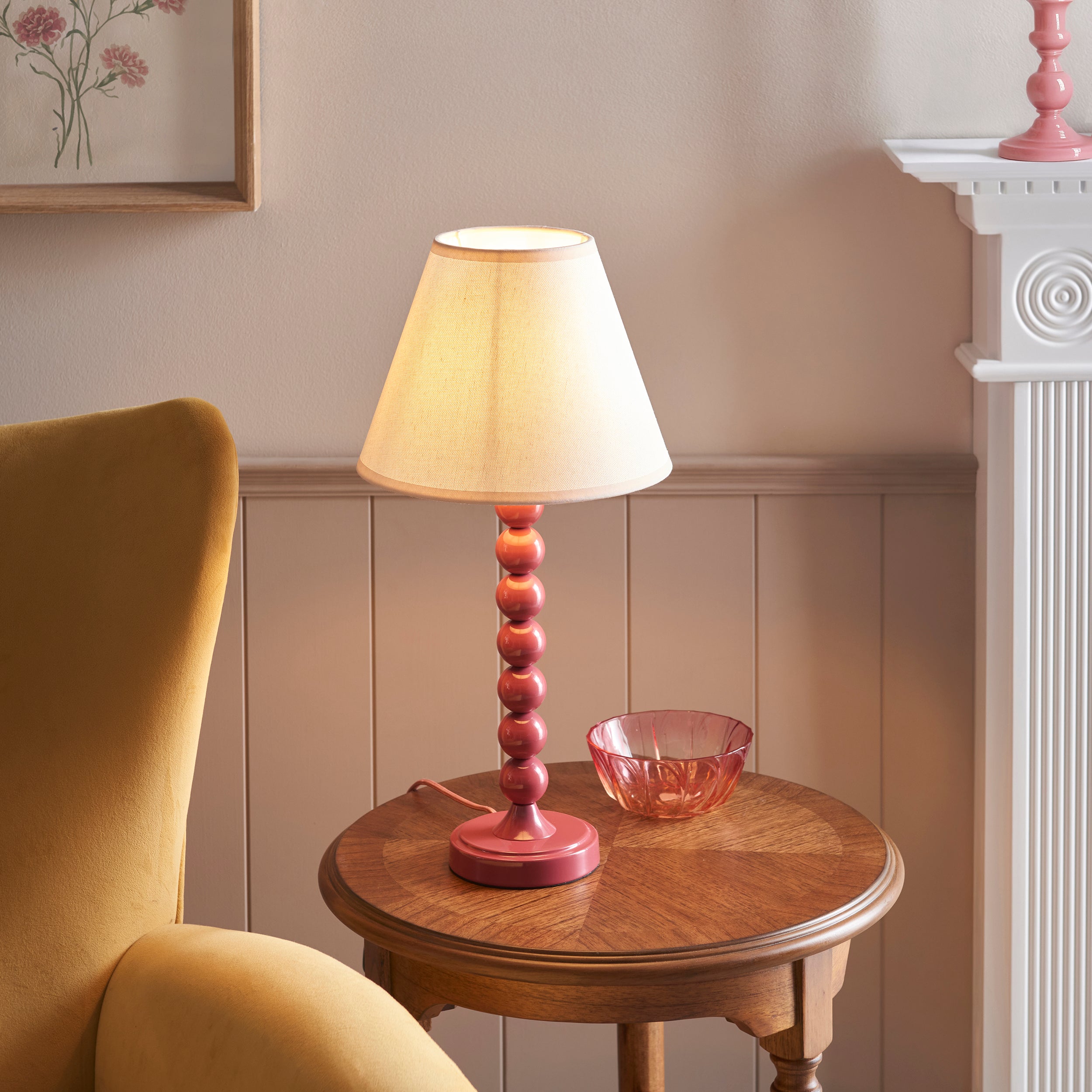 Endon Higgledy Gloss Pink Clay Table Lamp & Ivy 25cm Vintage White Shade