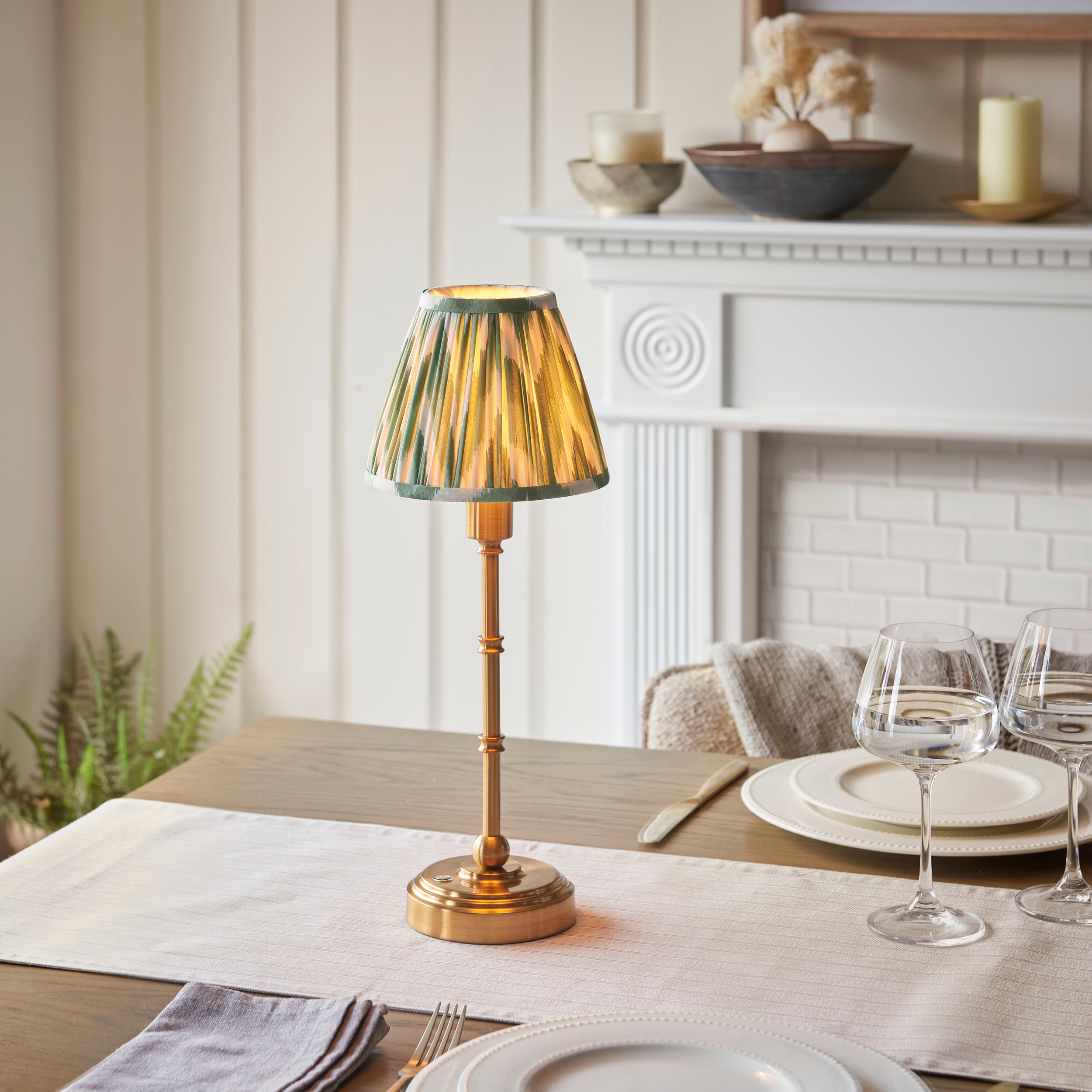 Endon Burley Rechargeable Table Lamp & Zigzag 16cm Cotswold Green Shade