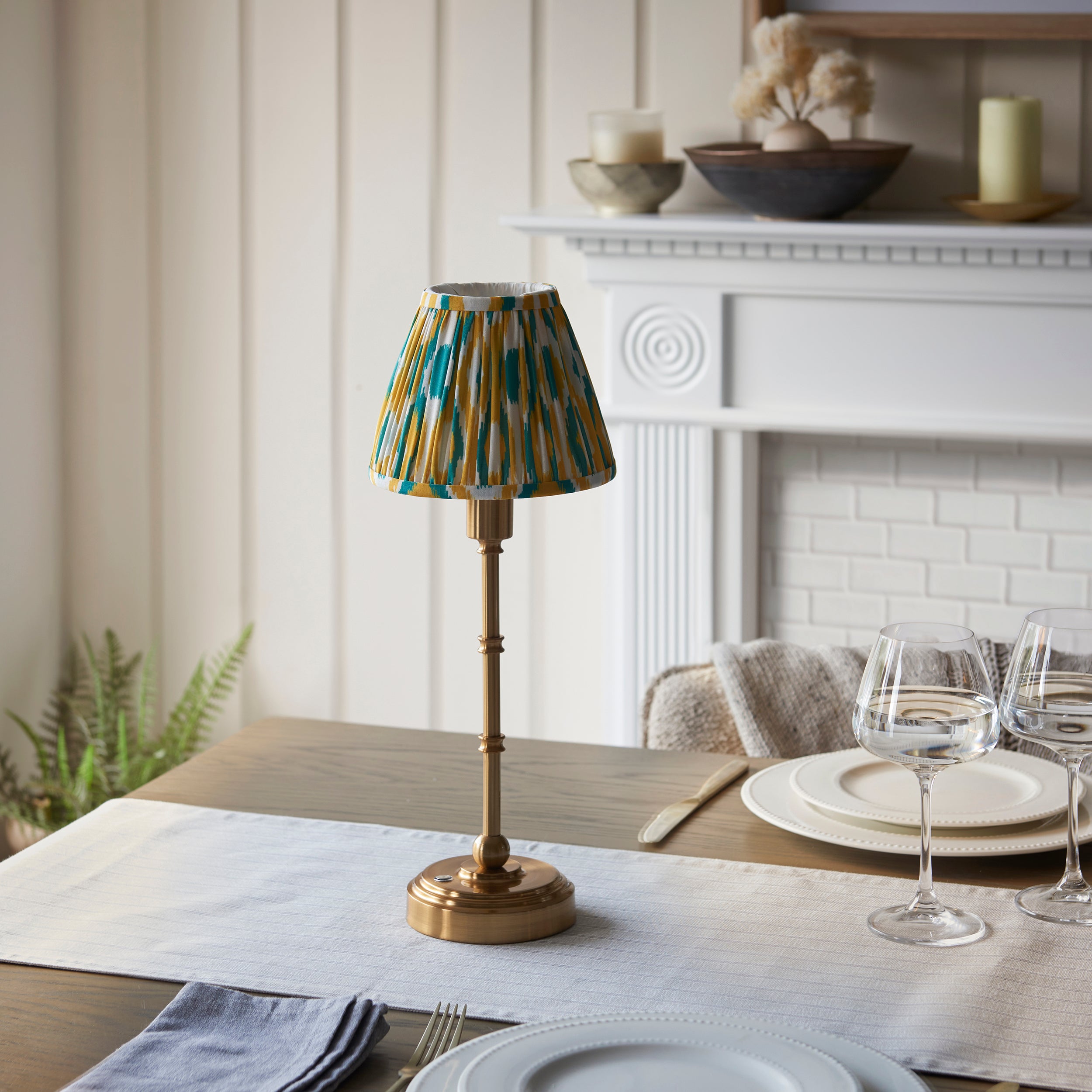 Endon Burley Rechargeable Table Lamp & Ikat 16cm Yellow & Jade Shade