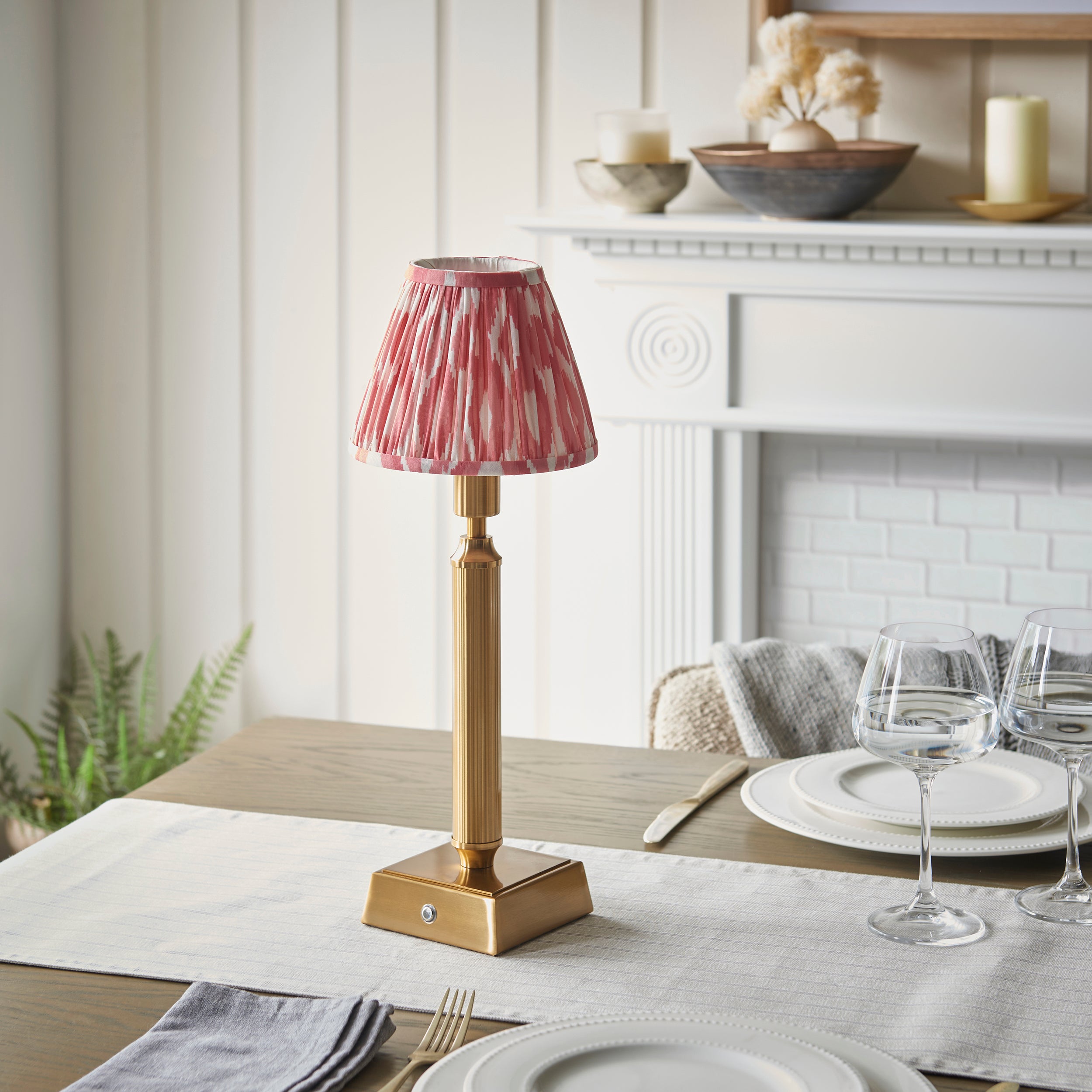 Endon Trobridge Rechargeable Table Lamp & Ikat 16cm Coral Pink Shade