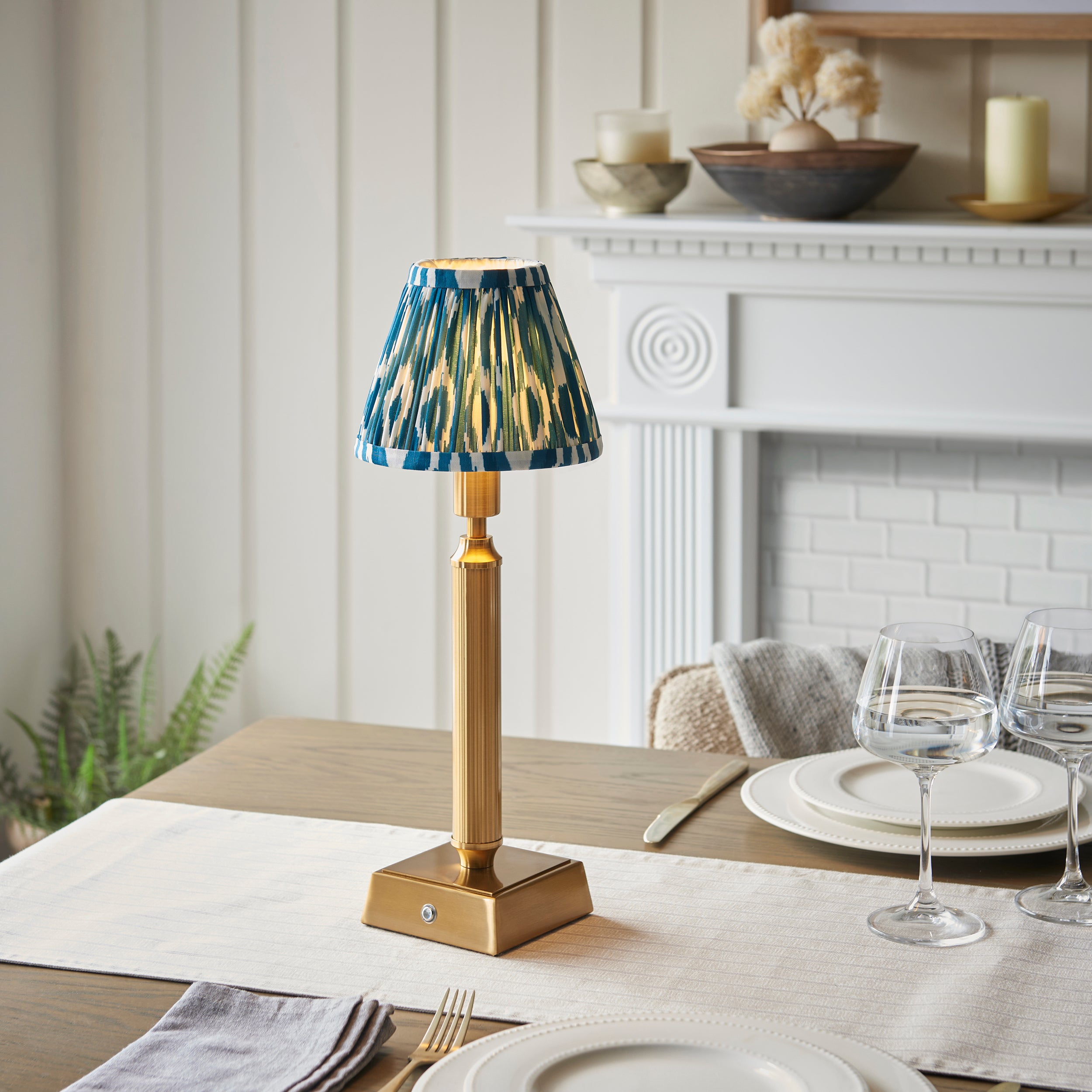 Endon Trobridge Rechargeable Table Lamp & Ikat 16cm Marlin Blue Shade
