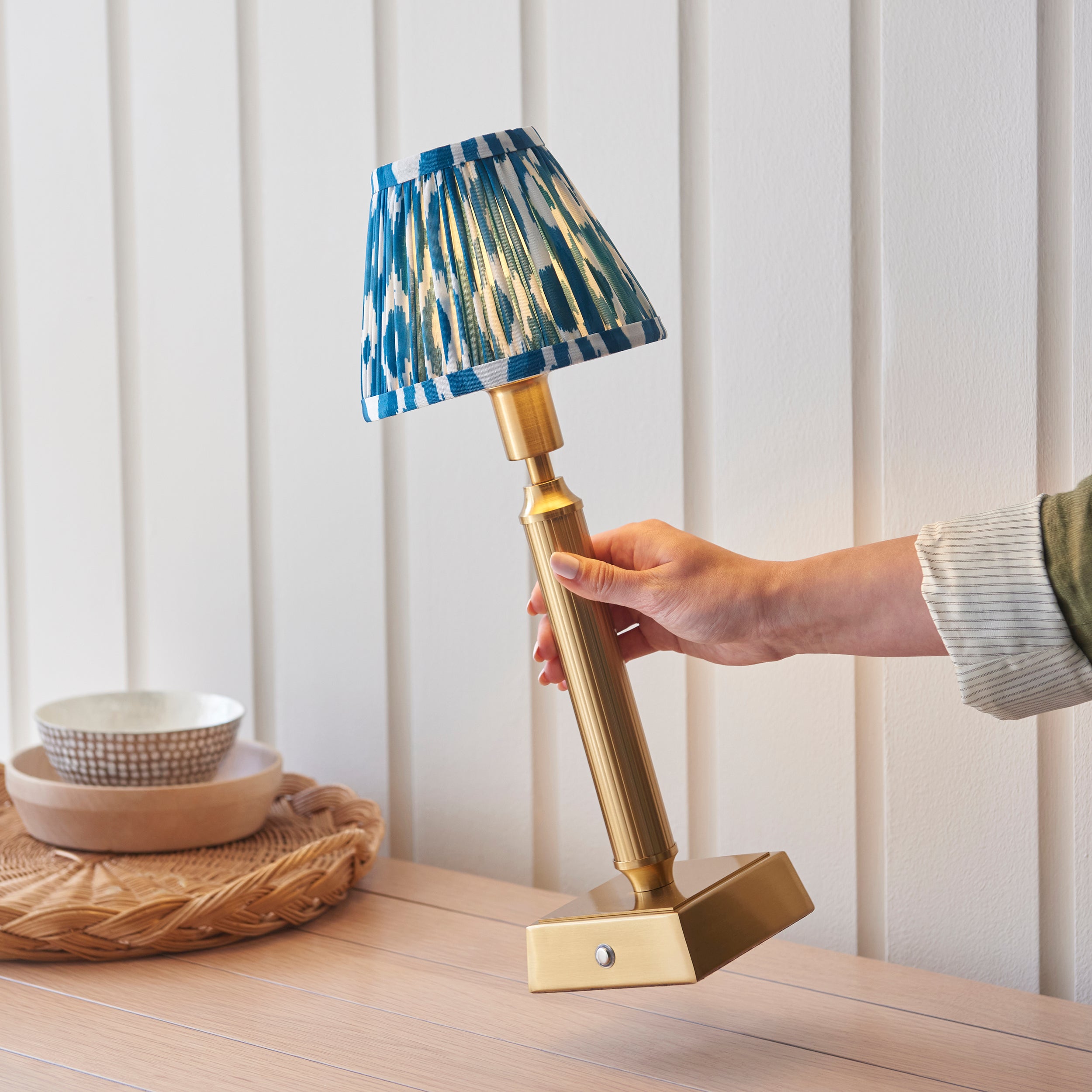 Endon Trobridge Rechargeable Table Lamp & Ikat 16cm Marlin Blue Shade