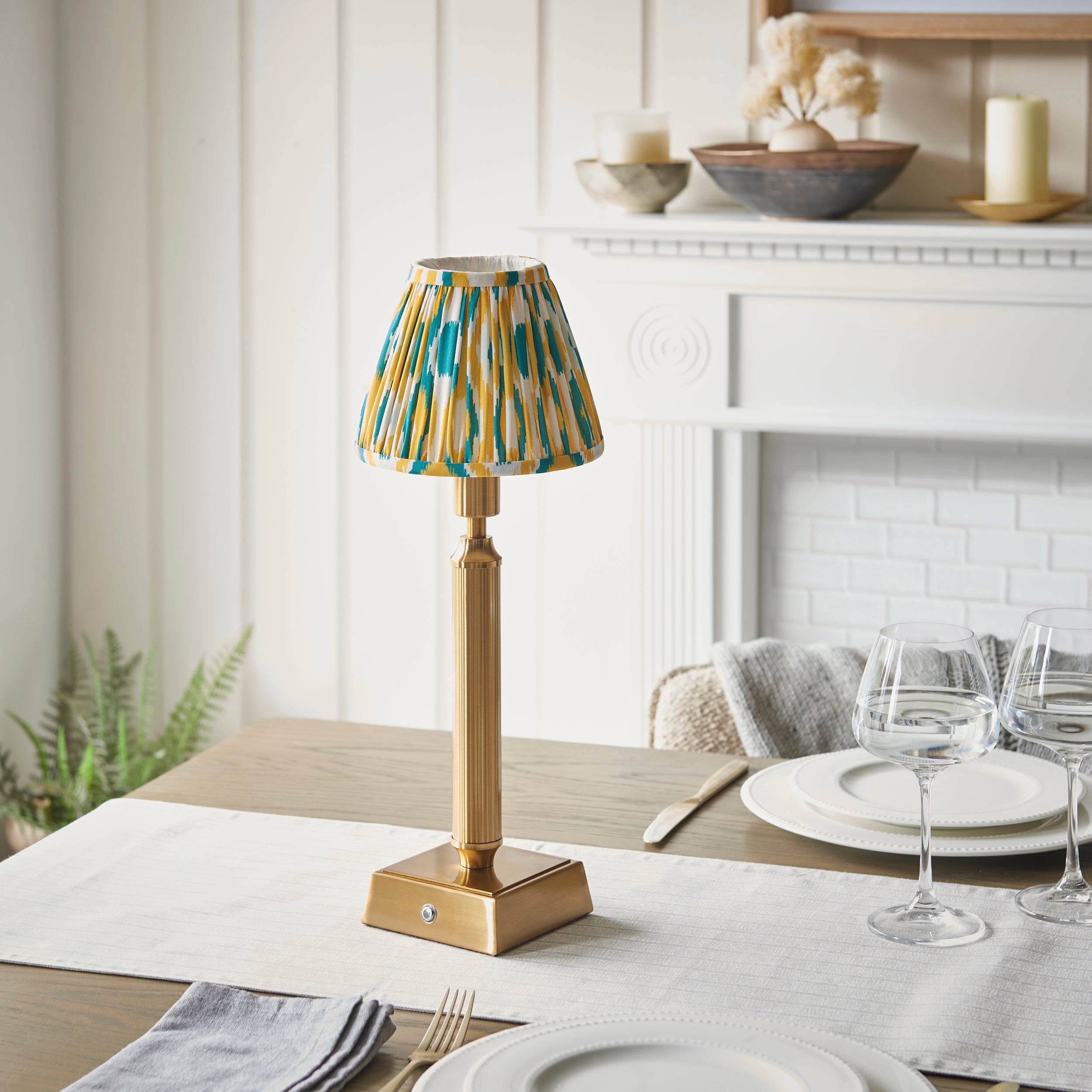Endon Trobridge Rechargeable Table Lamp & Ikat 16cm Yellow & Jade Shade