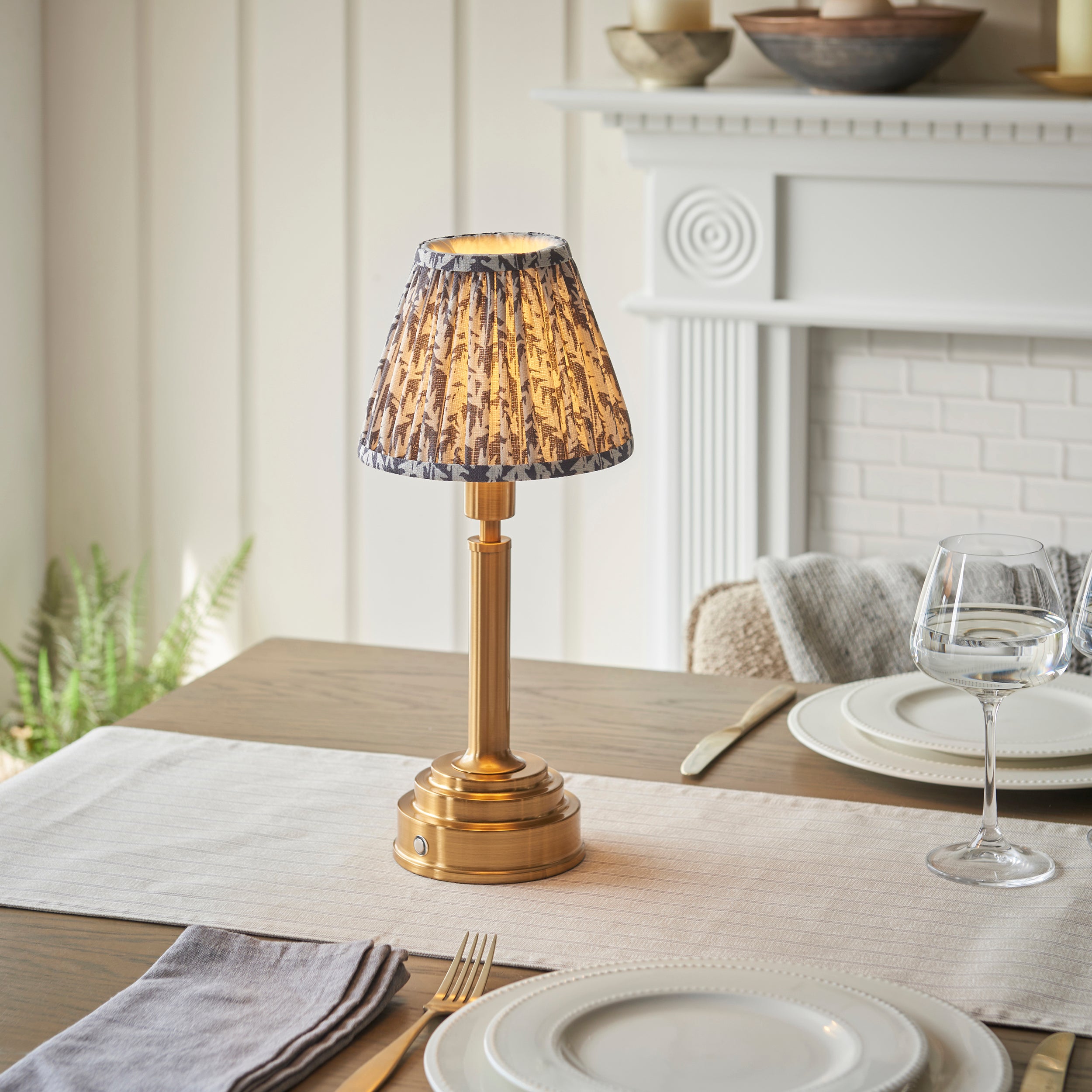 Endon Upton Rechargeable Table Lamp & Leaf 16cm Pearl Grey Shade
