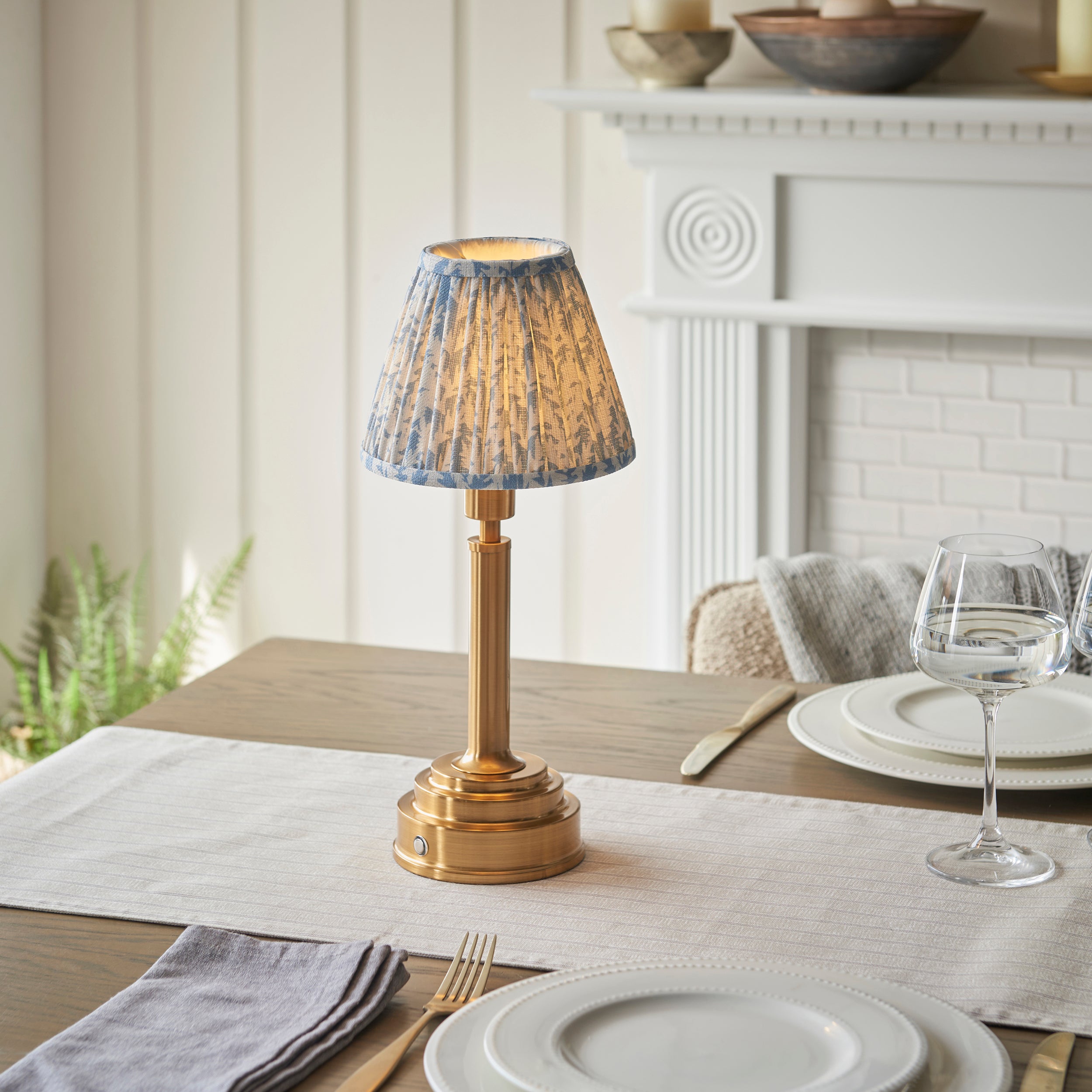 Endon Upton Rechargeable Table Lamp & Leaf 16cm Shell Bay Blue Shade