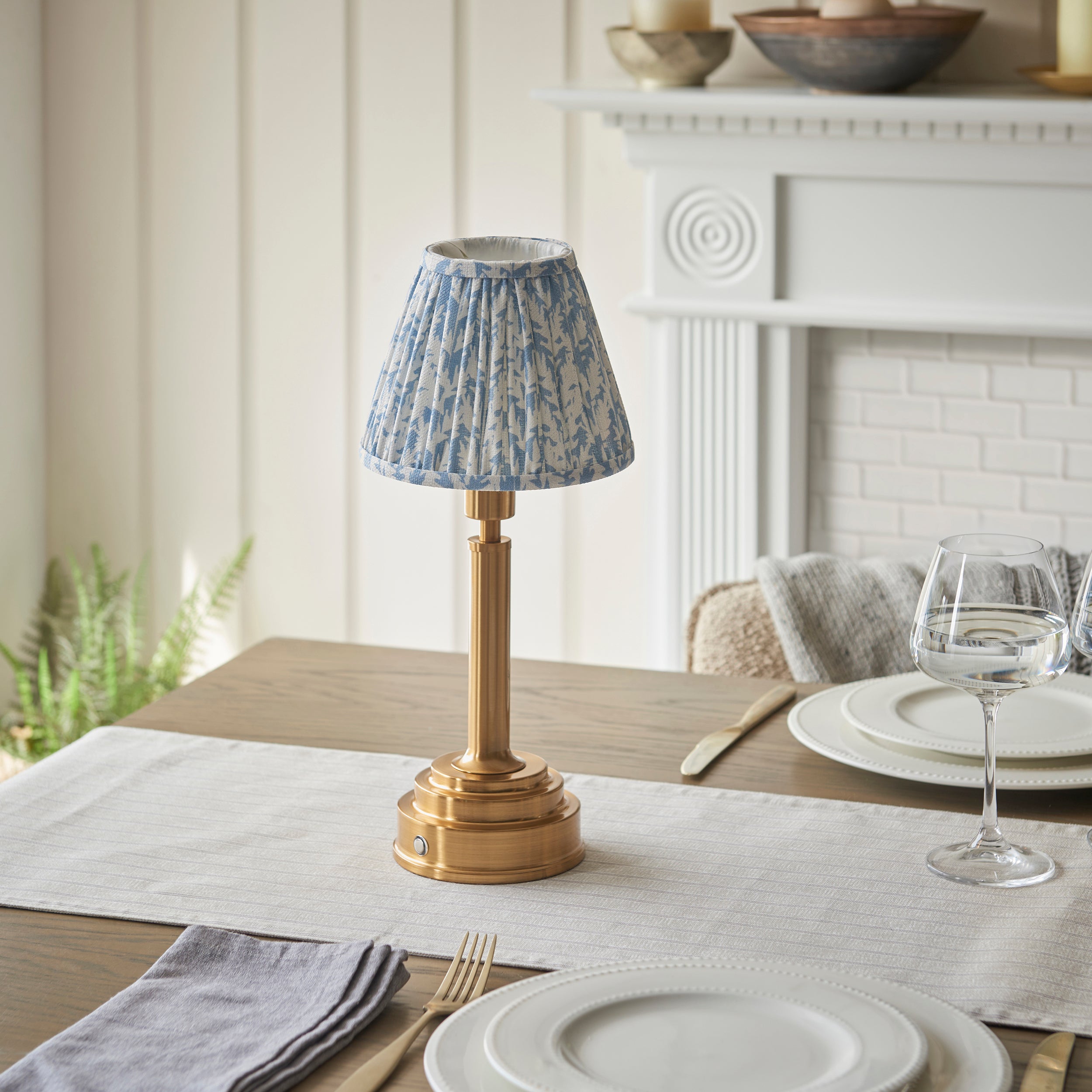 Endon Upton Rechargeable Table Lamp & Leaf 16cm Shell Bay Blue Shade