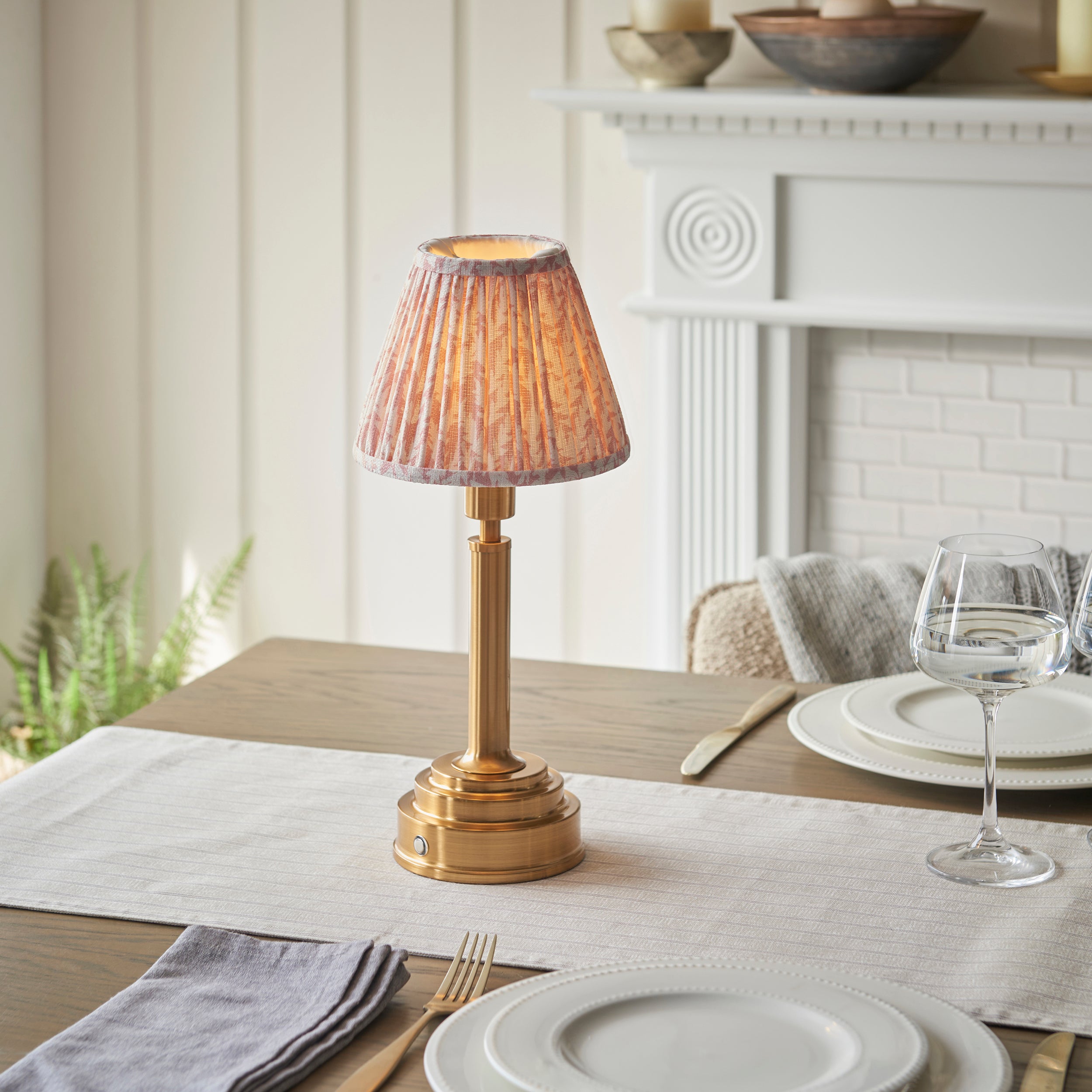 Endon Upton Rechargeable Table Lamp & Leaf 16cm Peachy Keen Shade
