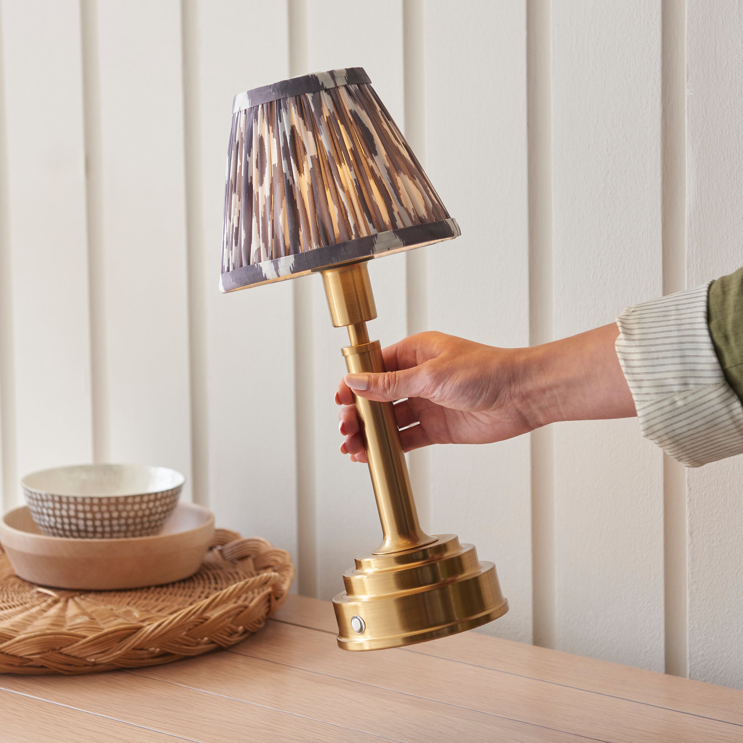 Endon Upton Rechargeable Table Lamp & Ikat 16cm Pearl Grey Shade