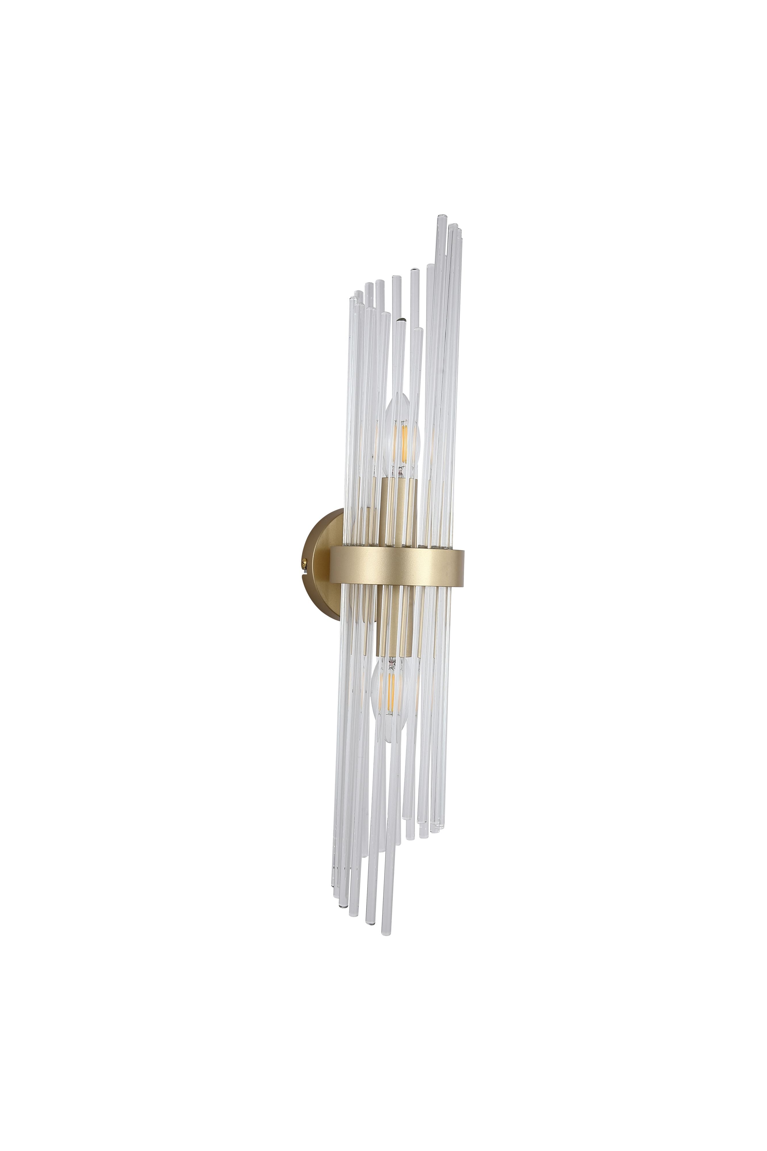Searchlight Lara 2 light wall light in gold with clear glass rods, alternate studio angle showing the gold band and wall mount