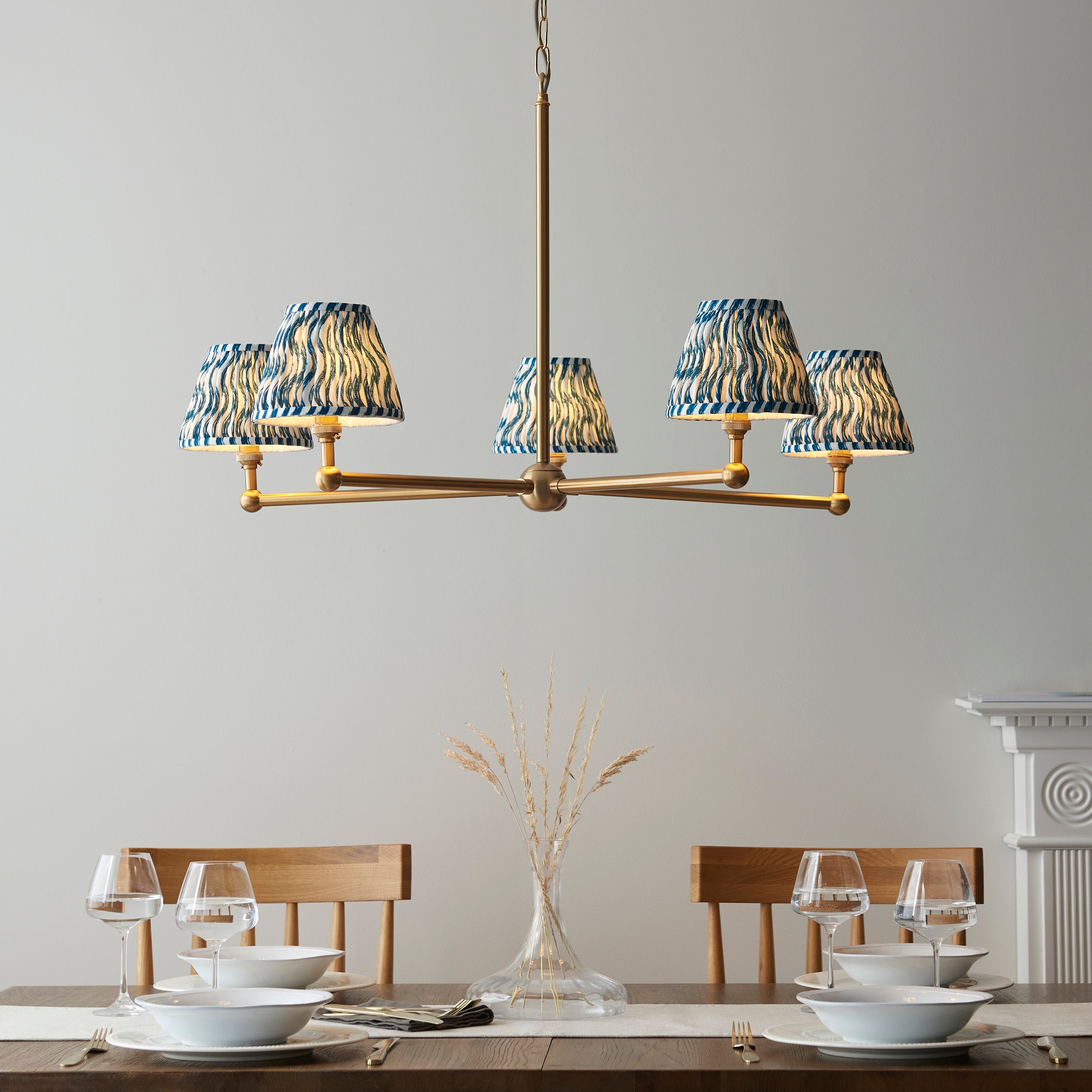 Endon Santiago Brushed Aged Brass 5 Light Pendant & Ripple 16cm Marlin Blue Shade