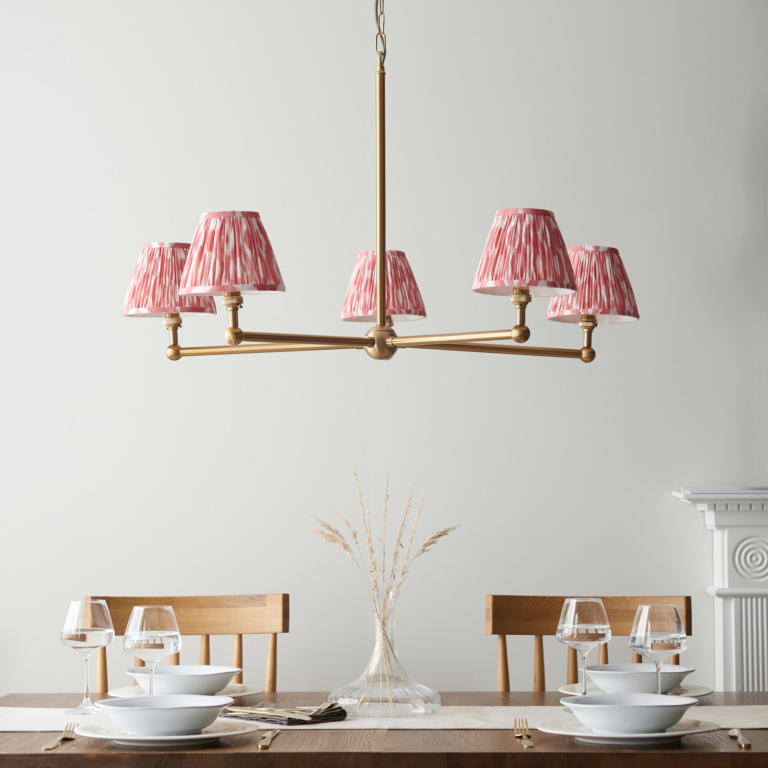 Endon Santiago Brushed Aged Brass 5 Light Pendant & Ikat 16cm Coral Pink Shade