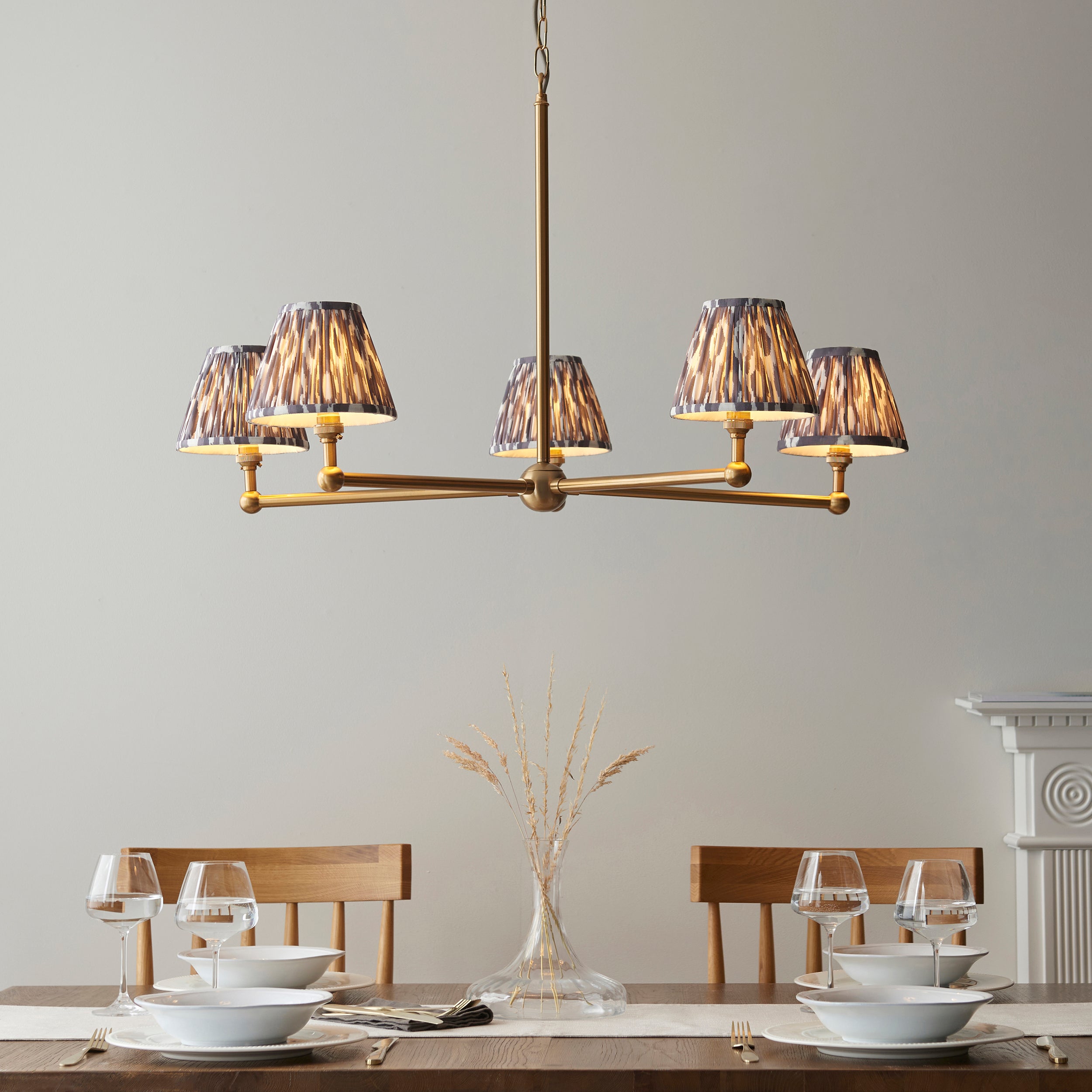 Endon Santiago Brushed Aged Brass 5 Light Pendant & Ikat 16cm Pearl Grey Shade