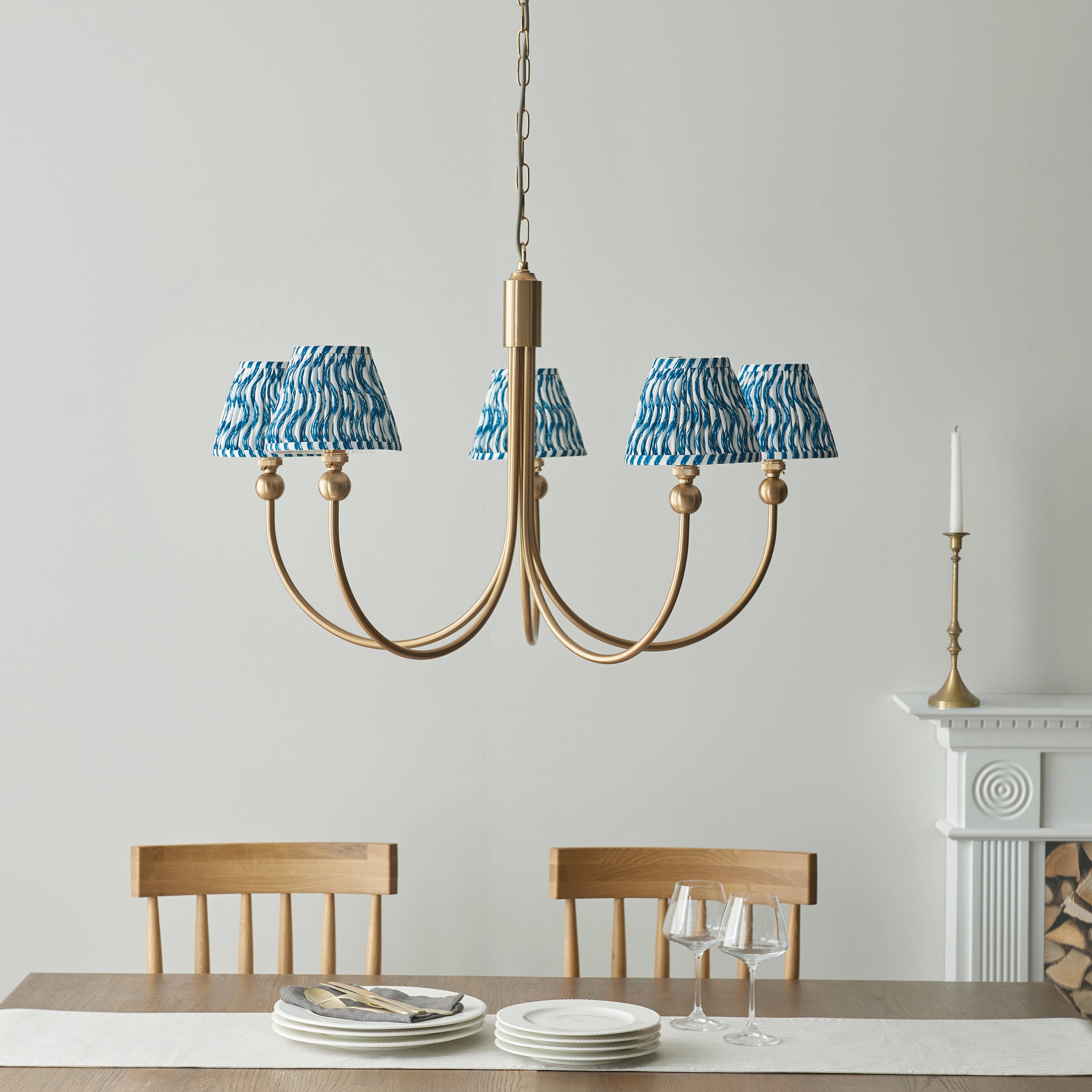 Endon Santiago Curved Brushed Aged Brass 5 Light Pendant & Ripple 16cm Marlin Blue Shade