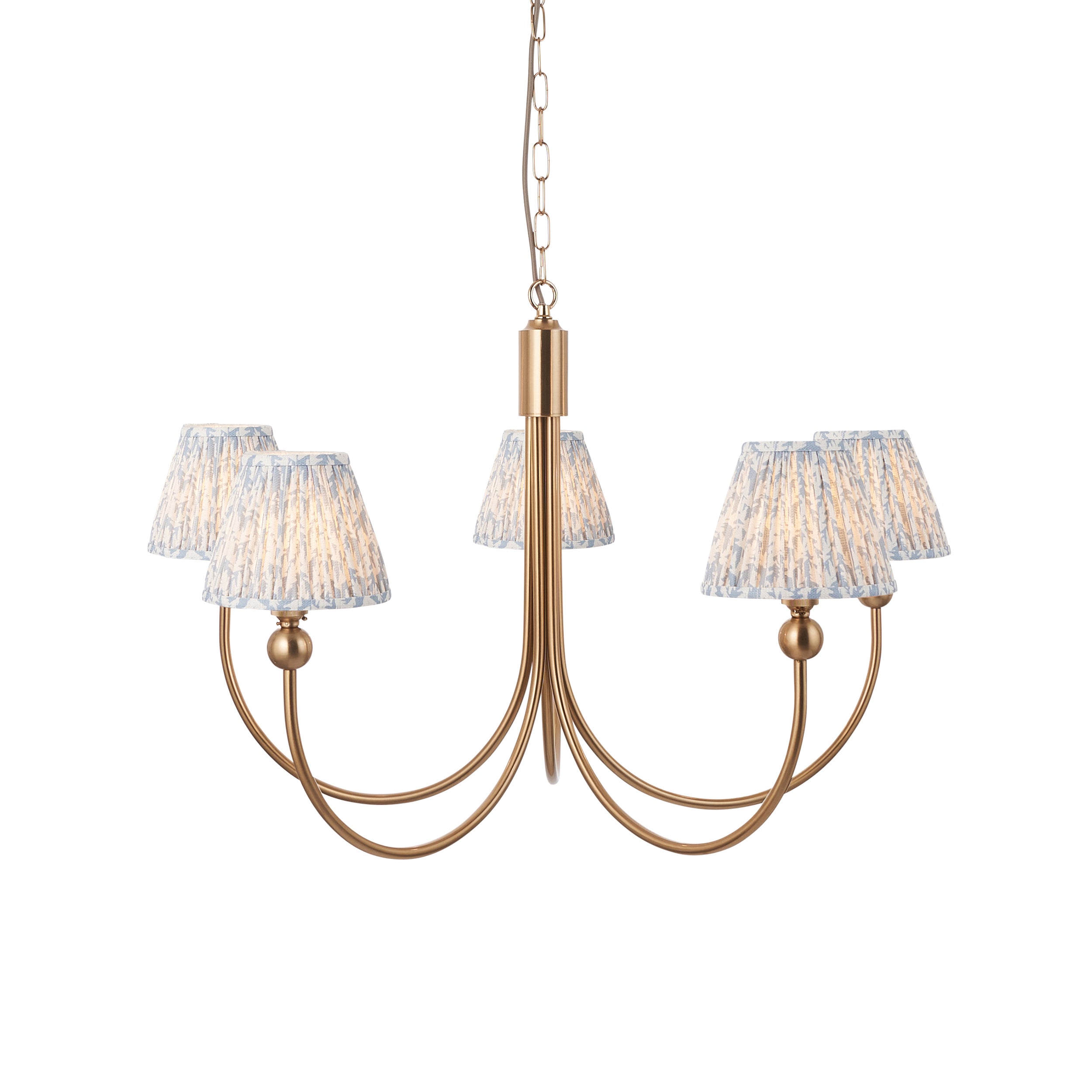 Endon Santiago Curved Brushed Aged Brass 5 Light Pendant & Leaf 16cm Shell Bay Blue Shade