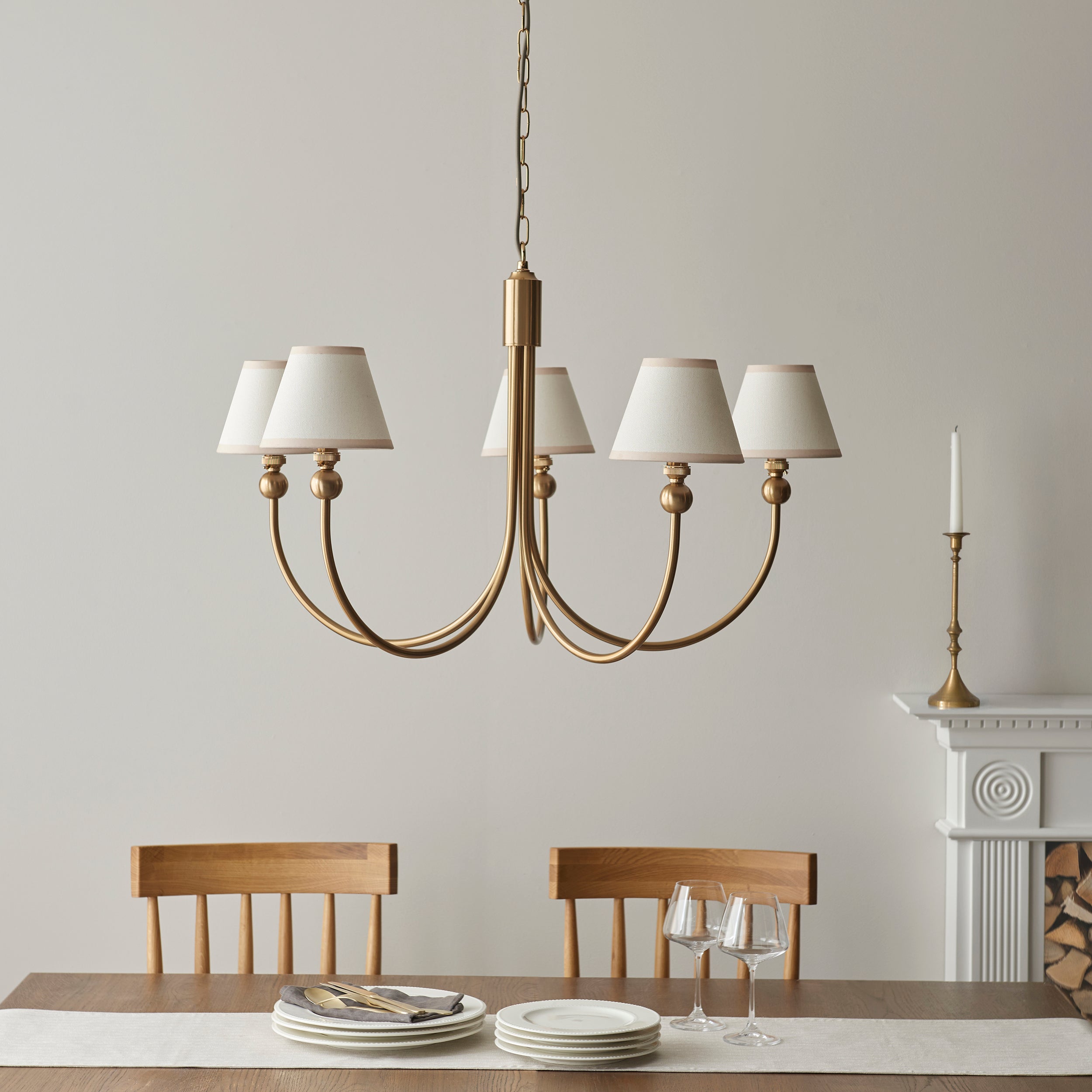 Endon Santiago Curved Brushed Aged Brass 5 Light Pendant & Ivy 16cm Vintage White Shade