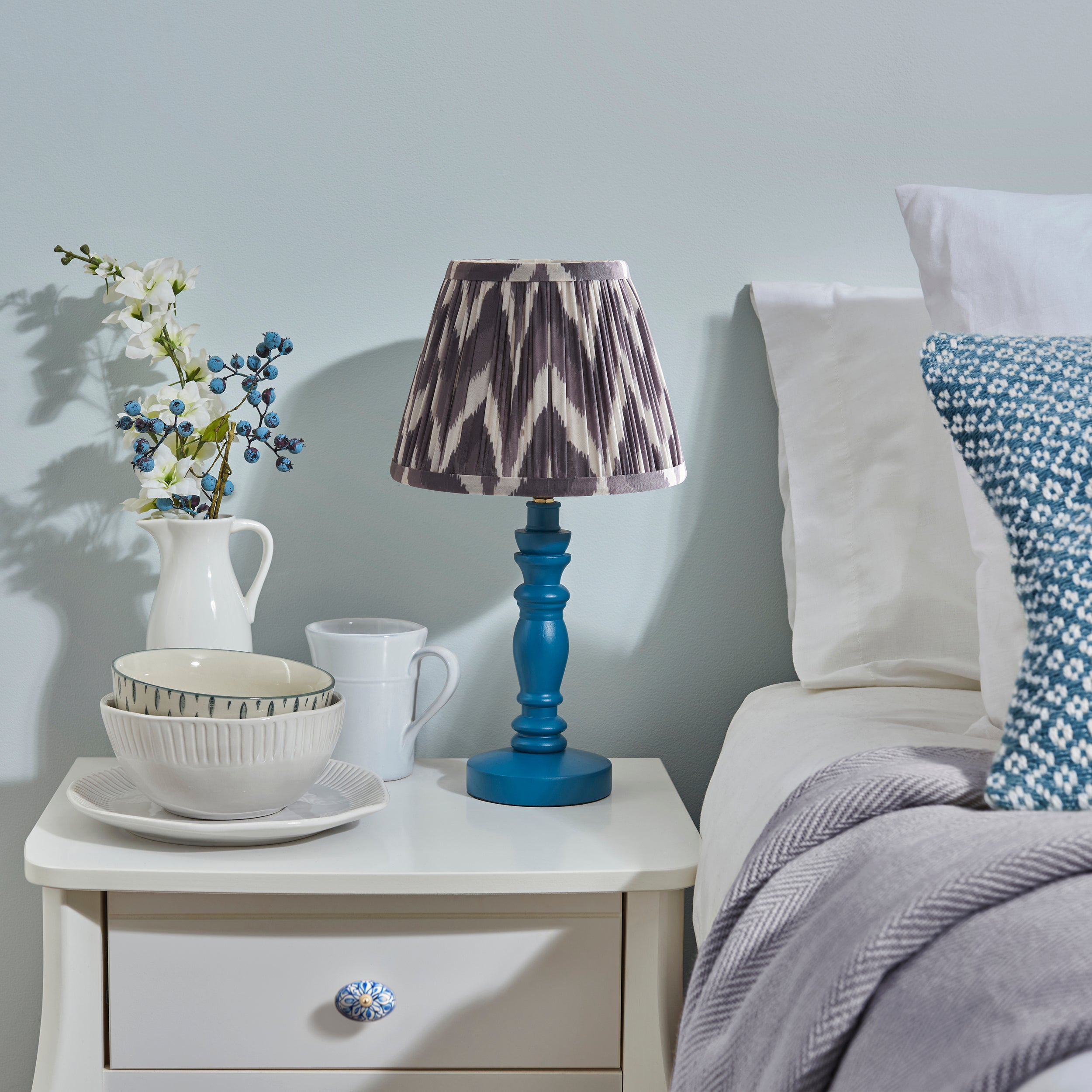 Endon Bibury Satin Marlin Blue Table Lamp & Zigzag 20cm Pearl Grey Shade