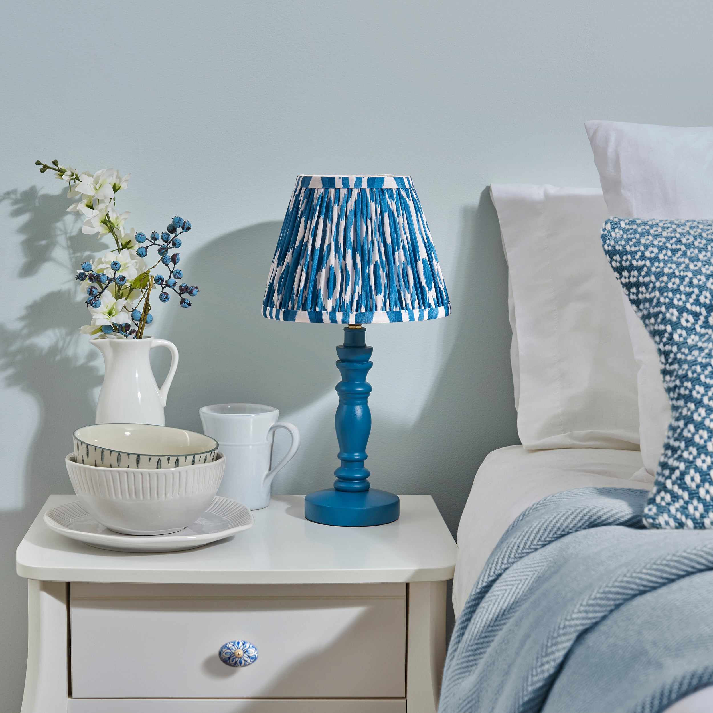 Endon Bibury Satin Marlin Blue Table Lamp & Ikat 20cm Marlin Blue Shade