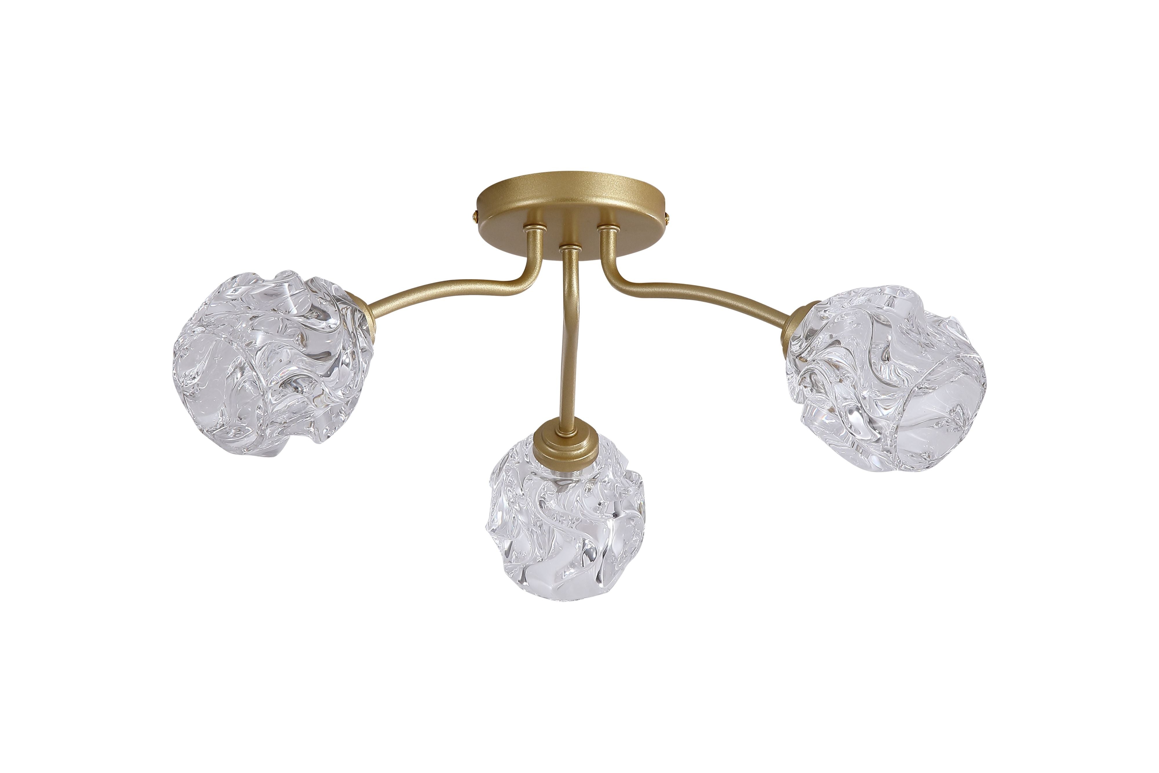 Searchlight Astral 3 light flush ceiling light in soft gold, alternate angle studio shot showing the three crumpled glass shades