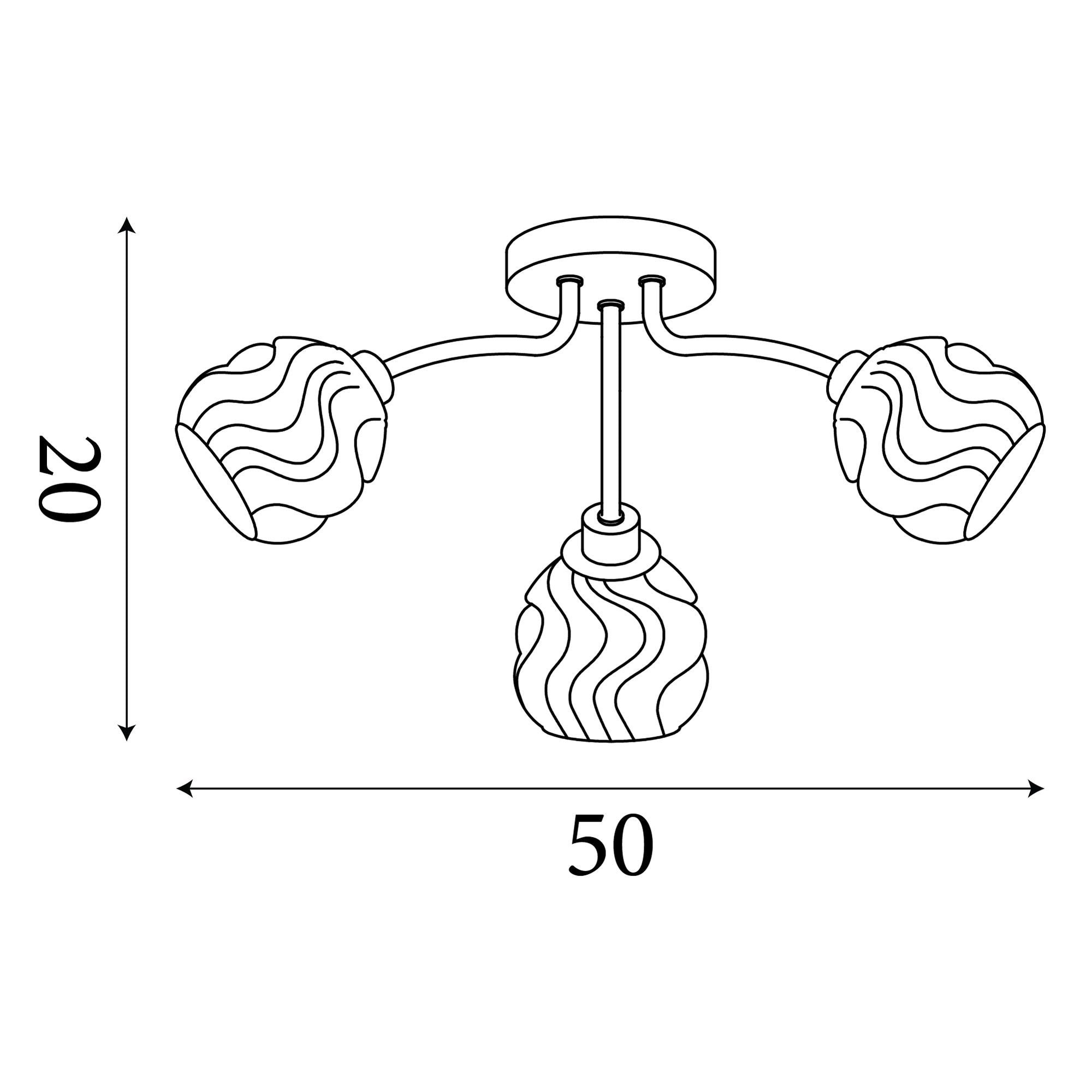 Technical line drawing of the Astral 3 light flush ceiling light showing dimensions of 20cm height and 50cm width