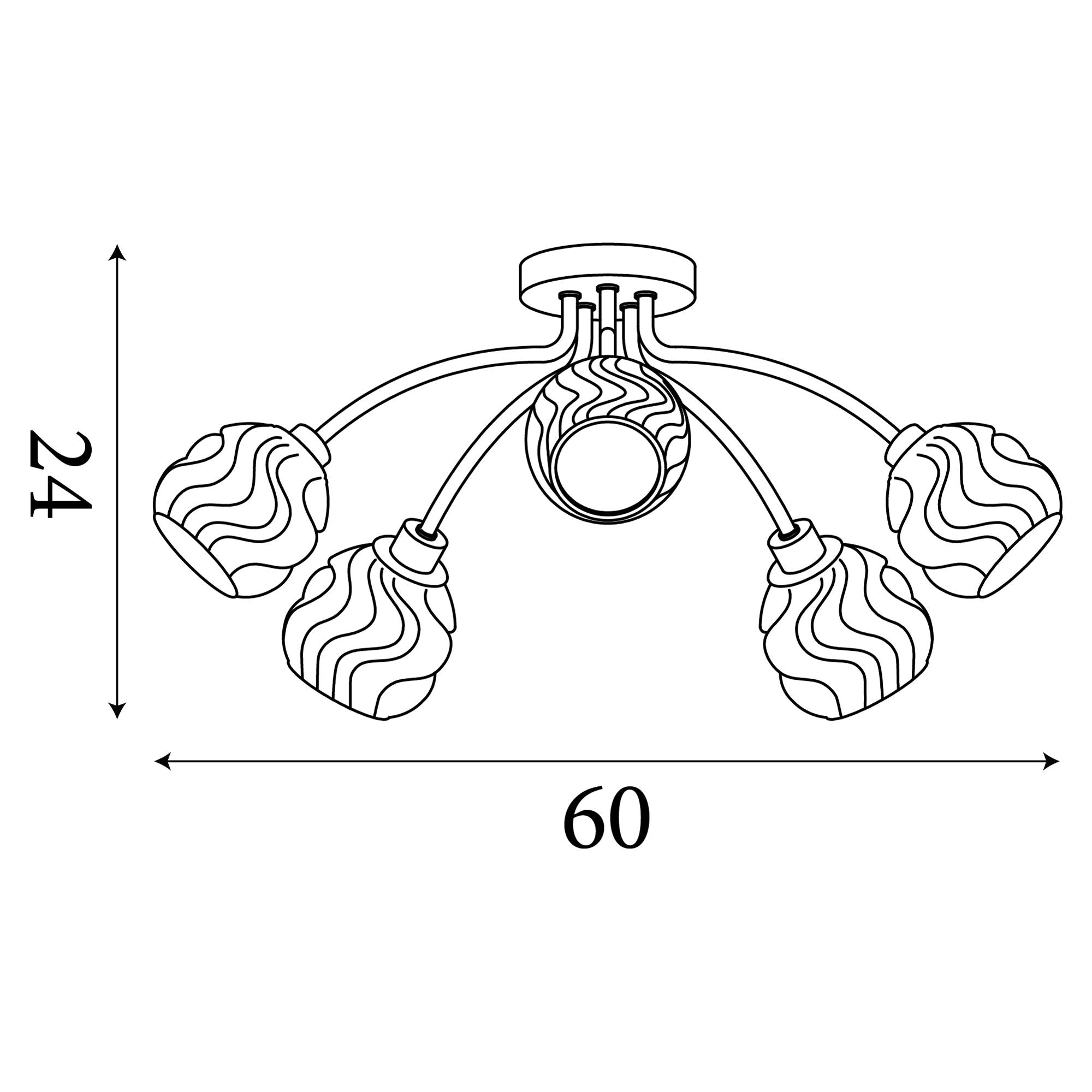 Line drawing of the Searchlight Astral 5 Light Flush in satin nickel showing dimensions of 24cm height and 60cm width