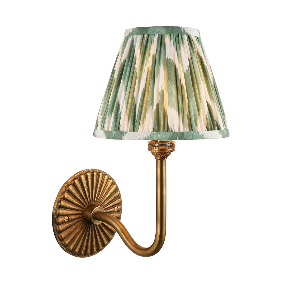 Endon Dahlia Swan wall light in antique brass with Cotswold green zigzag pleated shade, lit, cut out on white