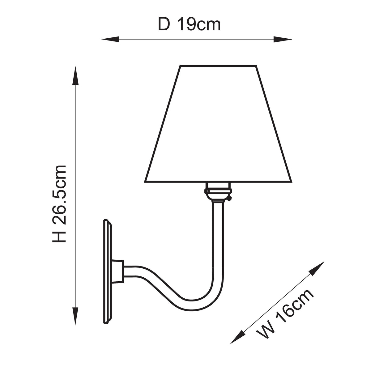 Dimension drawing of the Endon Dahlia Swan wall light showing 26.5cm height, 16cm width and 19cm projection