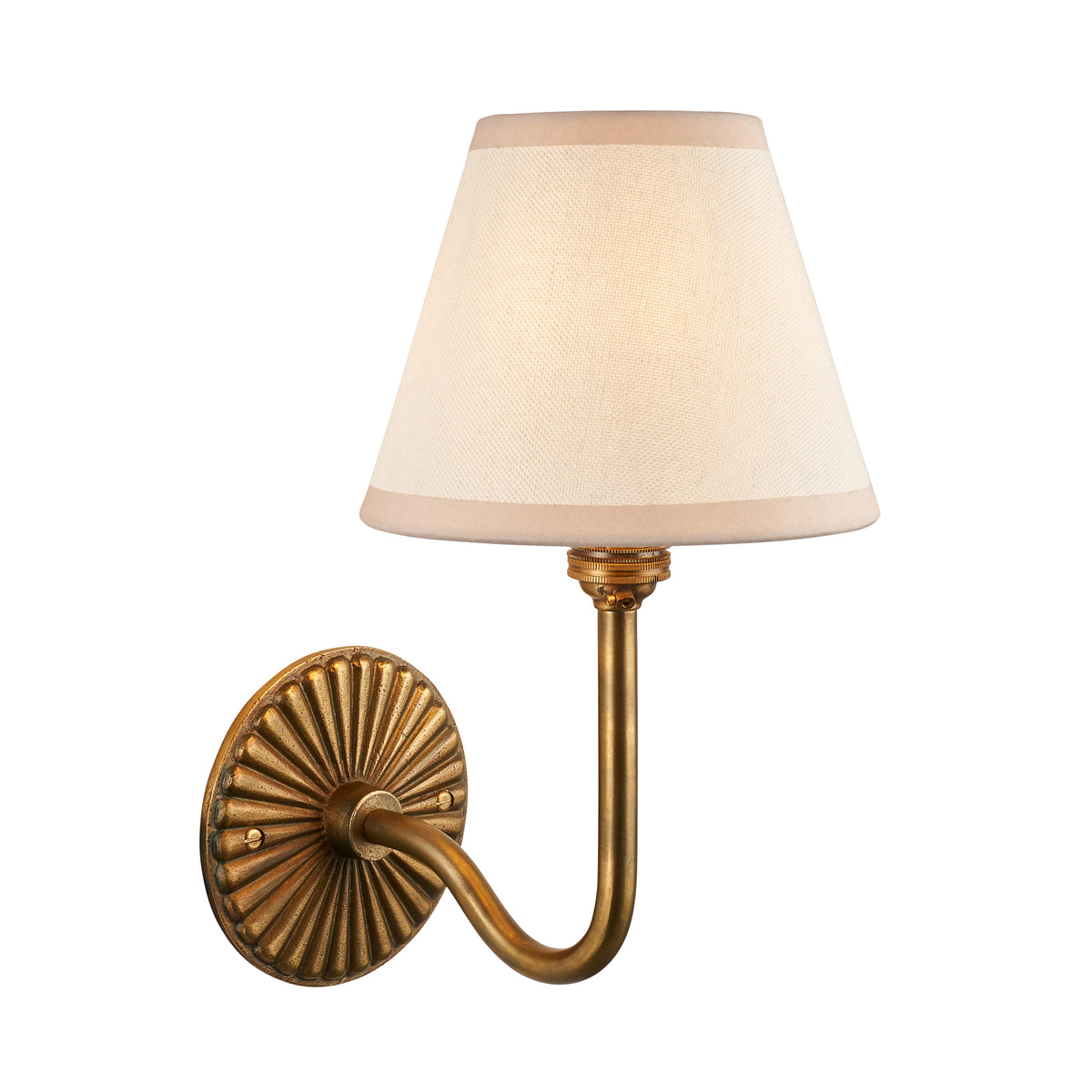 Endon Dahlia Swan antique brass wall light with vintage white Ivy shade, unlit, cut out on a white background