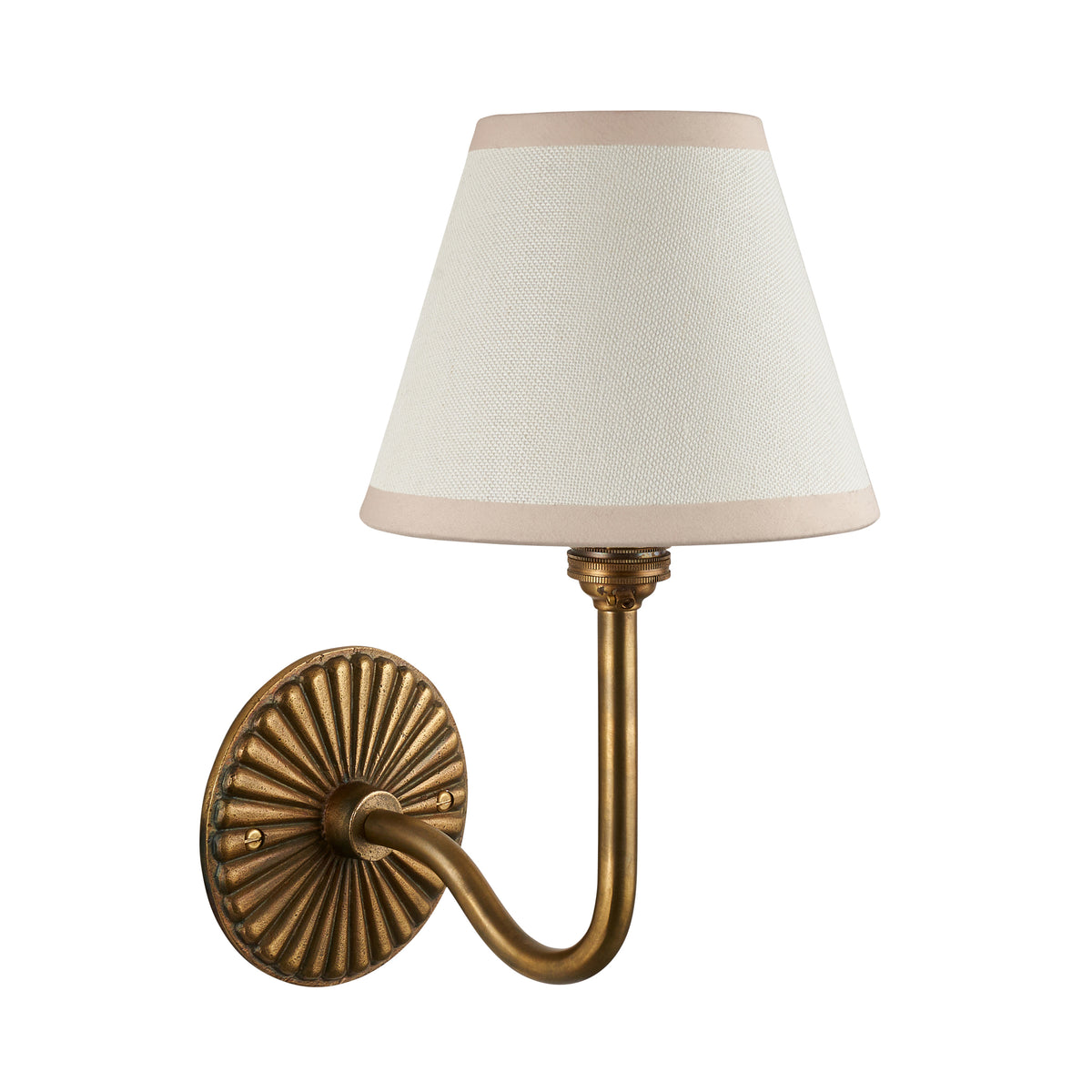 Endon Dahlia Swan wall light in antique brass with a vintage white shade, unlit product shot on a plain white background