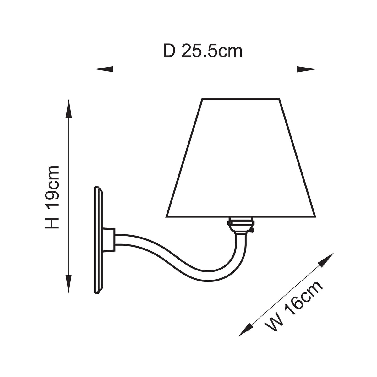 Dimension drawing of the Endon Dahlia Curve wall light showing 19cm height, 16cm width and 25.5cm projection
