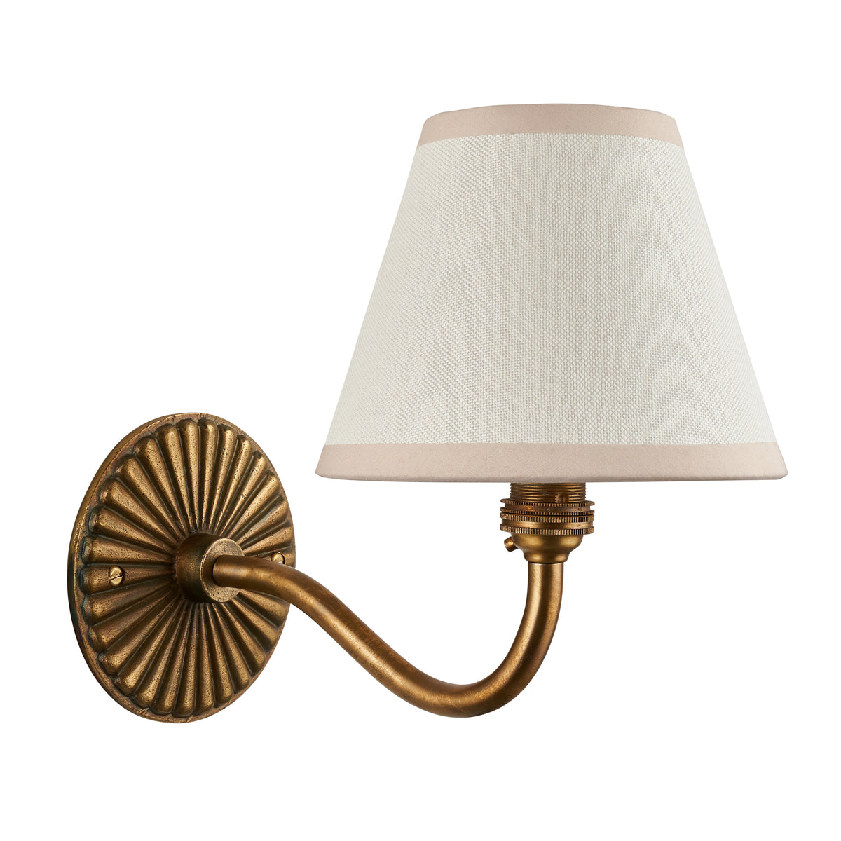 Endon Dahlia Curve antique brass wall light with vintage white Ivy shade, unlit, product cut out on white
