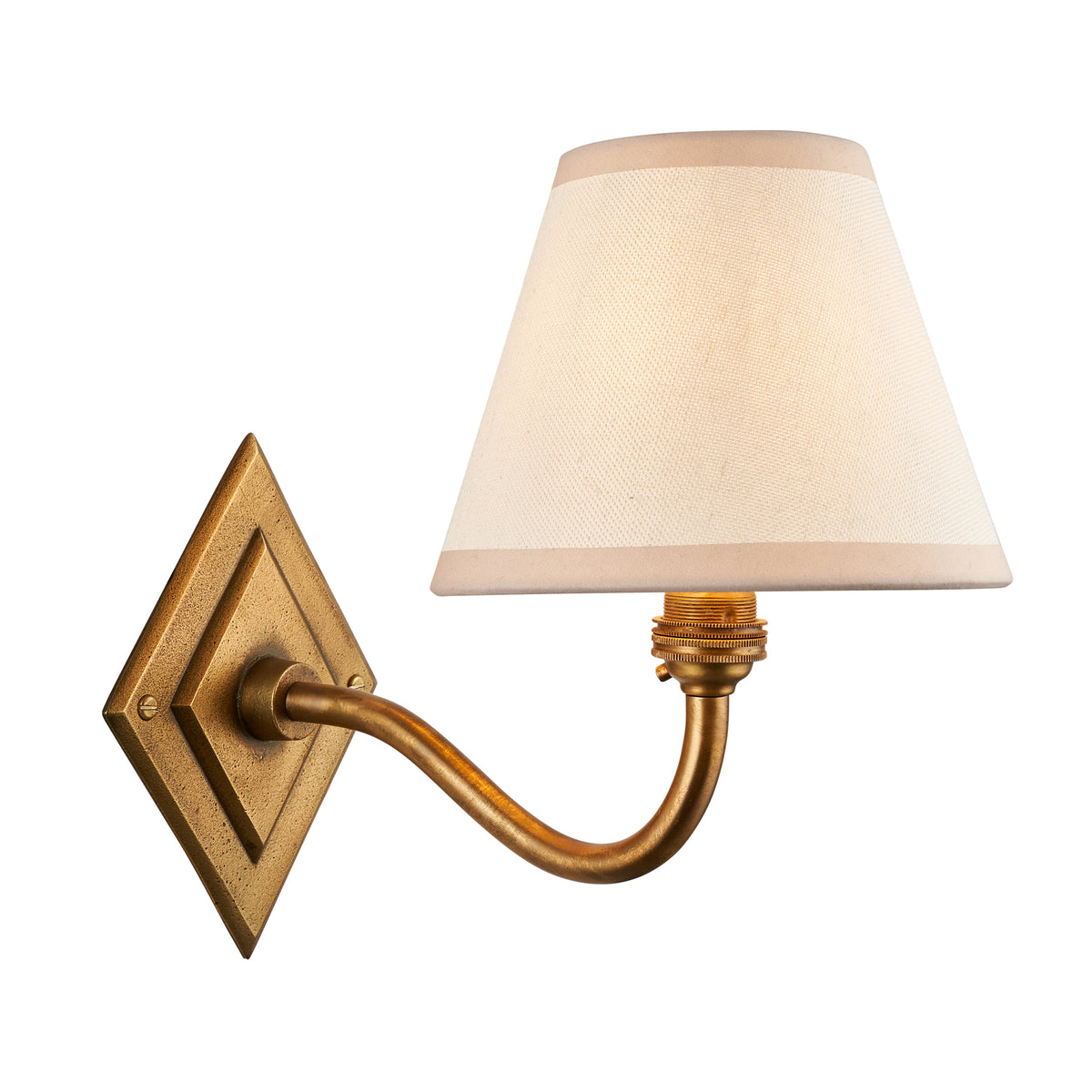 Endon Diamond Curve wall light in antique brass with vintage white Ivy shade, unlit, cut out on a white background