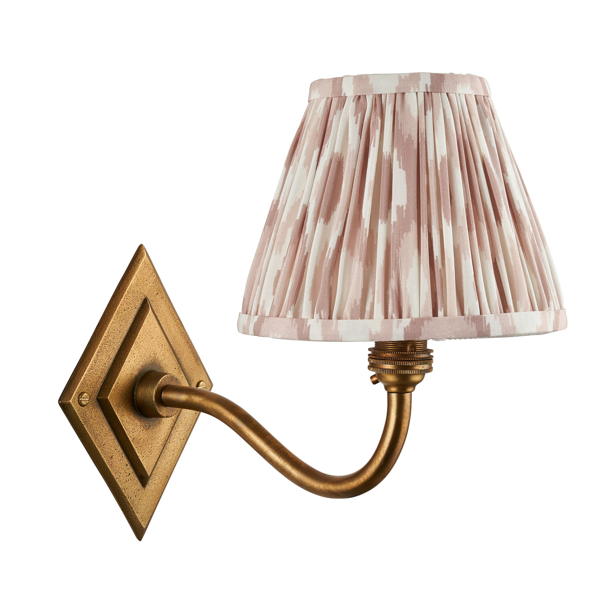 Endon Diamond Curve wall light unlit, antique brass backplate and arm with 16cm blush pink and white ikat shade, cut out on white