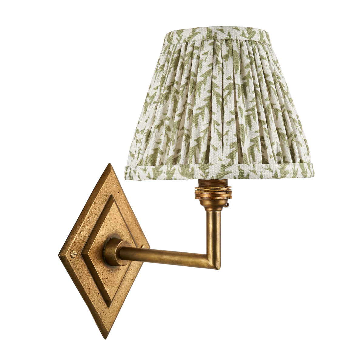 Endon Diamond Angle wall light in antique brass with green leaf print shade, unlit, cut out on a white background