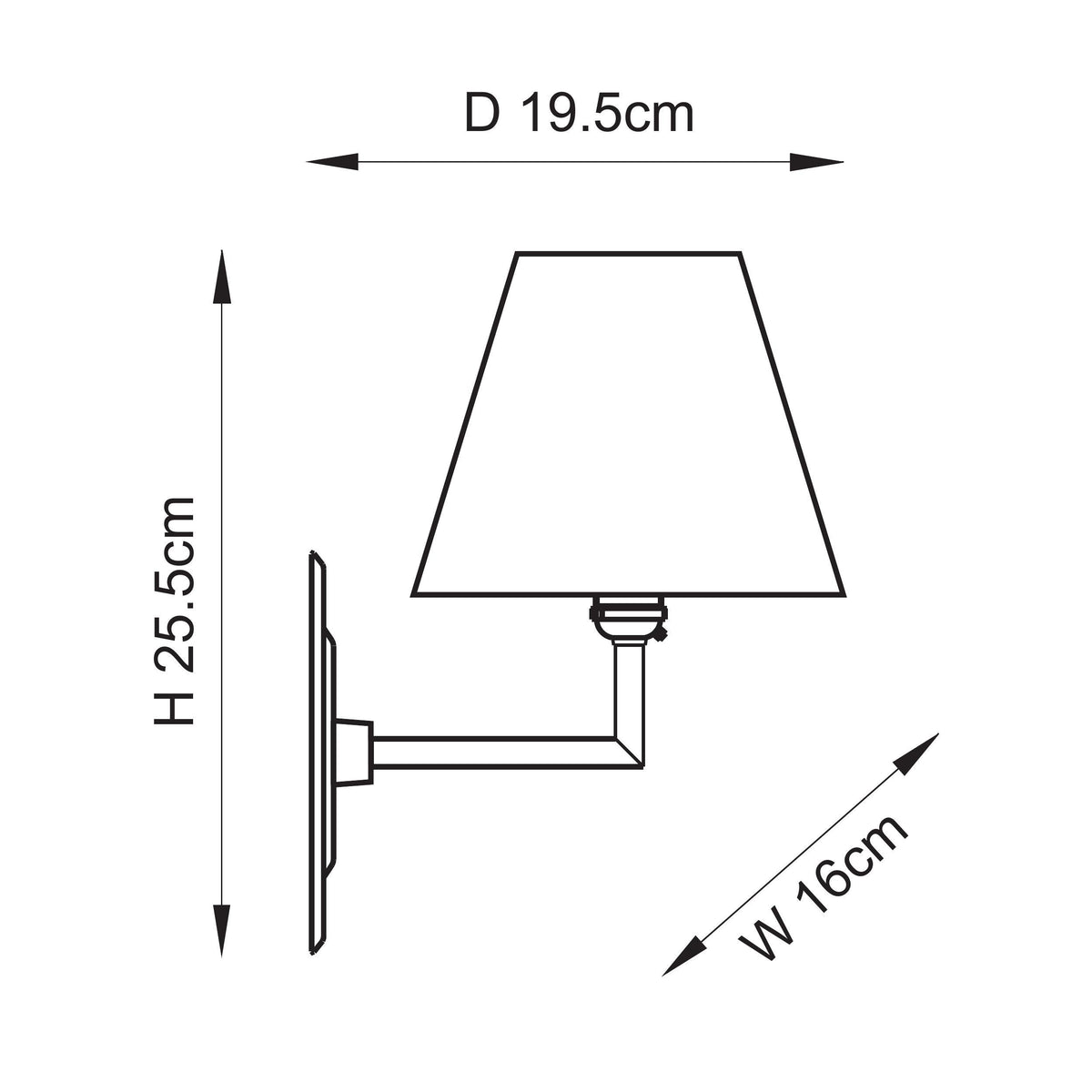 Dimension drawing of the Endon Diamond Angle wall light showing 25.5cm height, 16cm width and 19.5cm projection