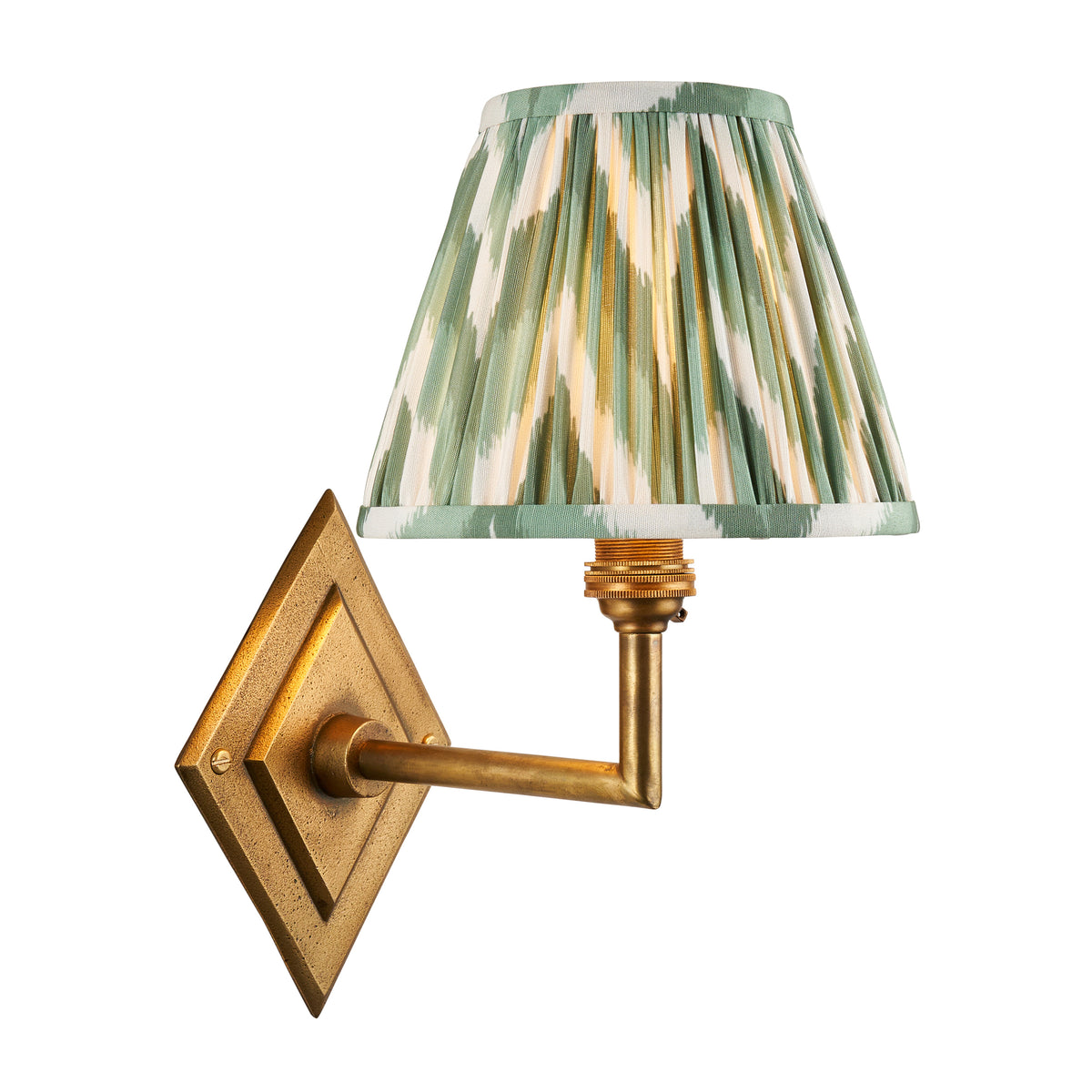 Endon Diamond Angle wall light in antique brass with Cotswold green zigzag pleated shade, unlit, cut out on white