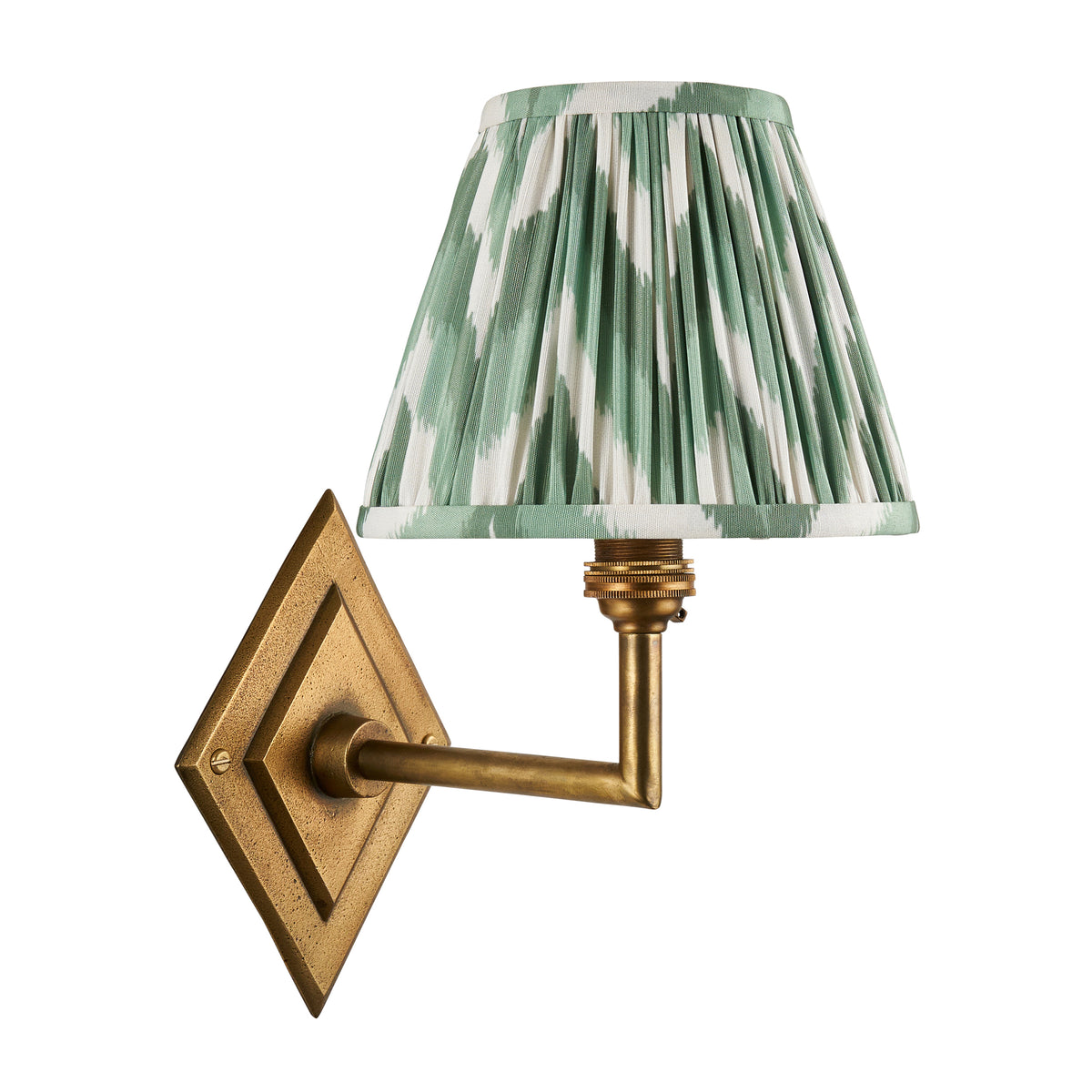 Second cut out of the Endon Diamond Angle wall light unlit on white, antique brass diamond backplate, angled arm and green zigzag shade