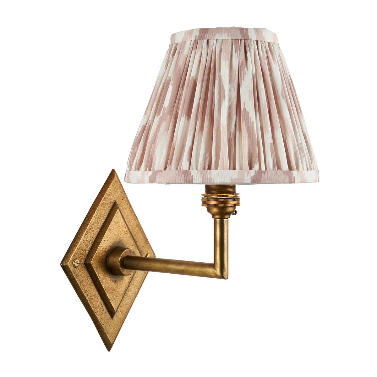 Endon Diamond Angle wall light unlit cut out on white, antique brass diamond backplate with a pink toned ikat pleated shade, second product shot