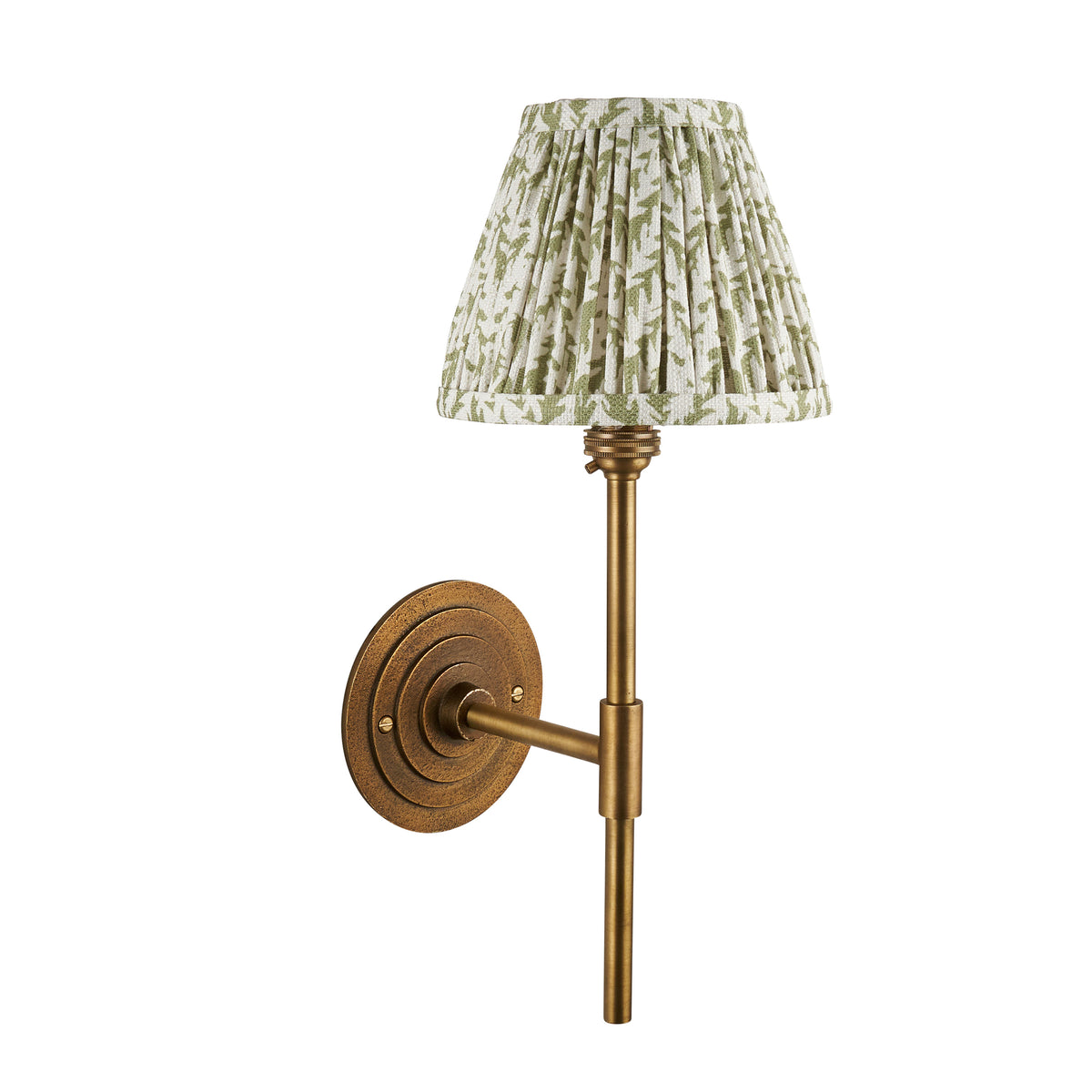 Endon Halo Tall wall light in antique brass with green leaf pleated shade, unlit, cut out on a white background