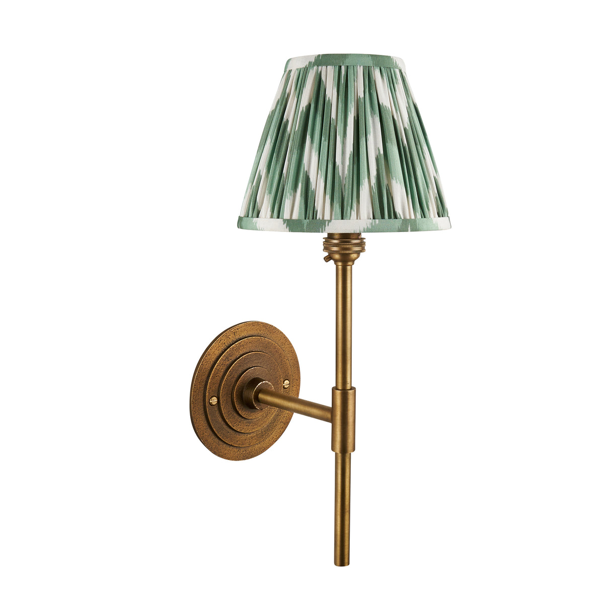 Endon Halo Tall wall light in antique brass with green zigzag shade, unlit, full product shot on a plain white background