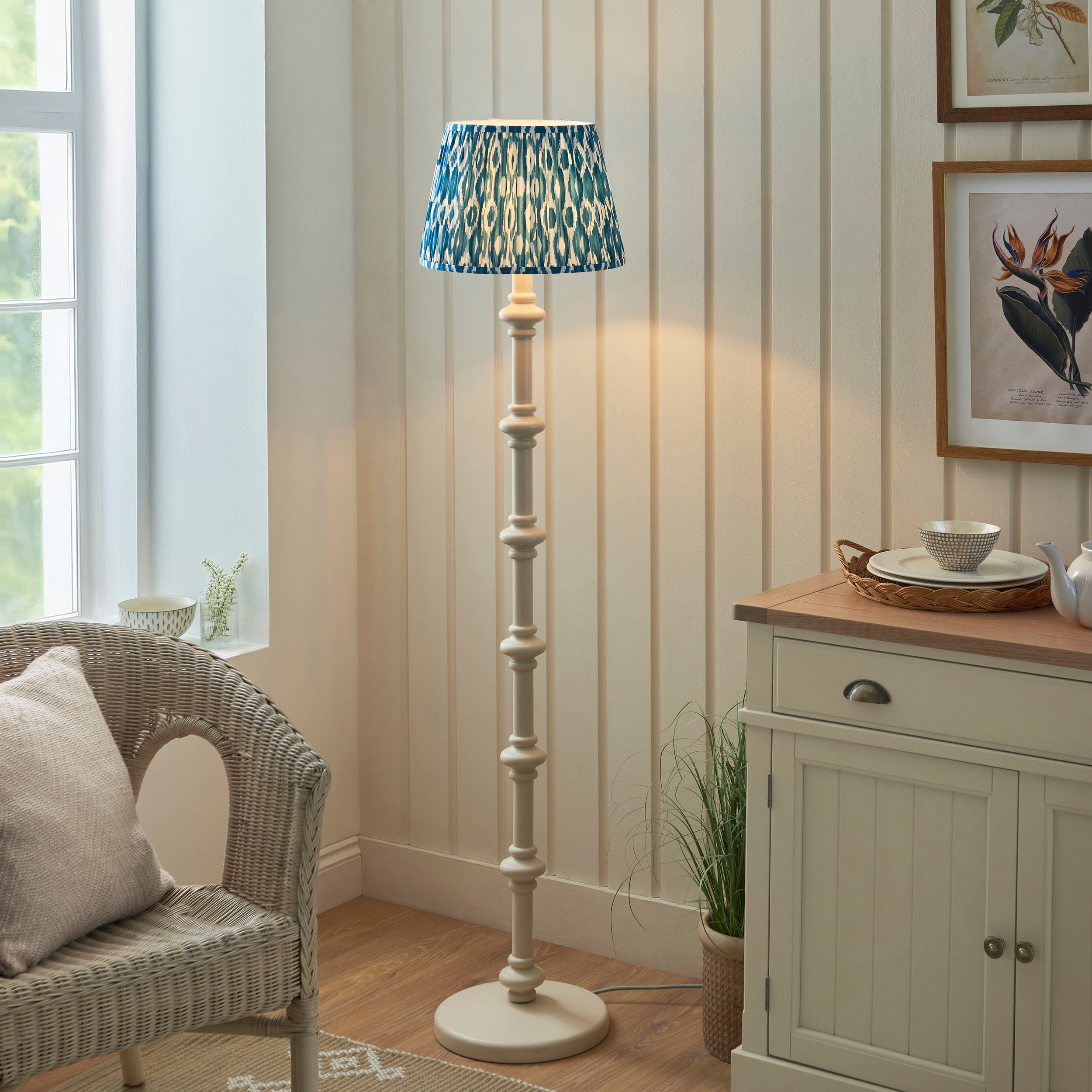 Endon Carnaby Satin Almond White Floor Lamp & Ikat 35cm Marlin Blue Shade