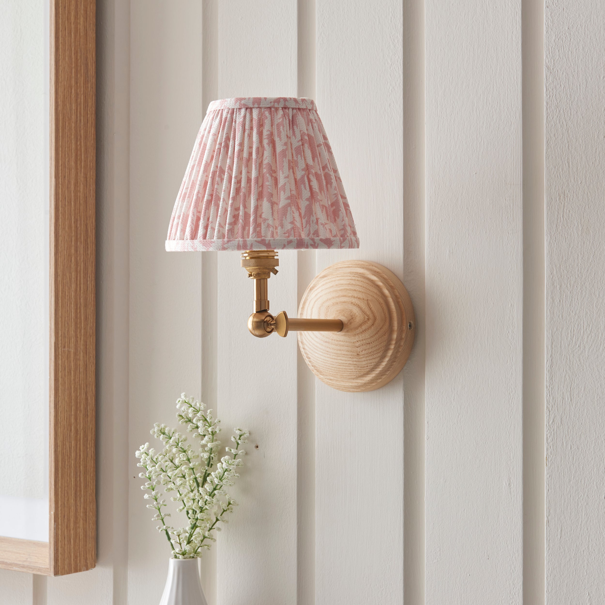 Endon Wood Wing Wall Light & Leaf 16cm Peachy Keen Shade