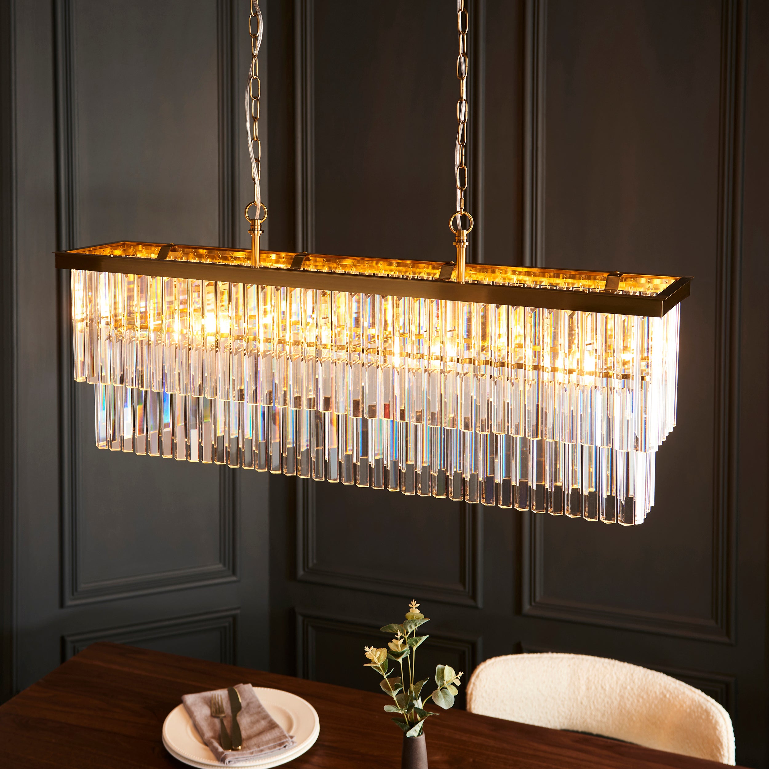 Endon Conaston 4 Light Linear Pendant - Brushed Aged Brass Plate & Clear Cut Glass