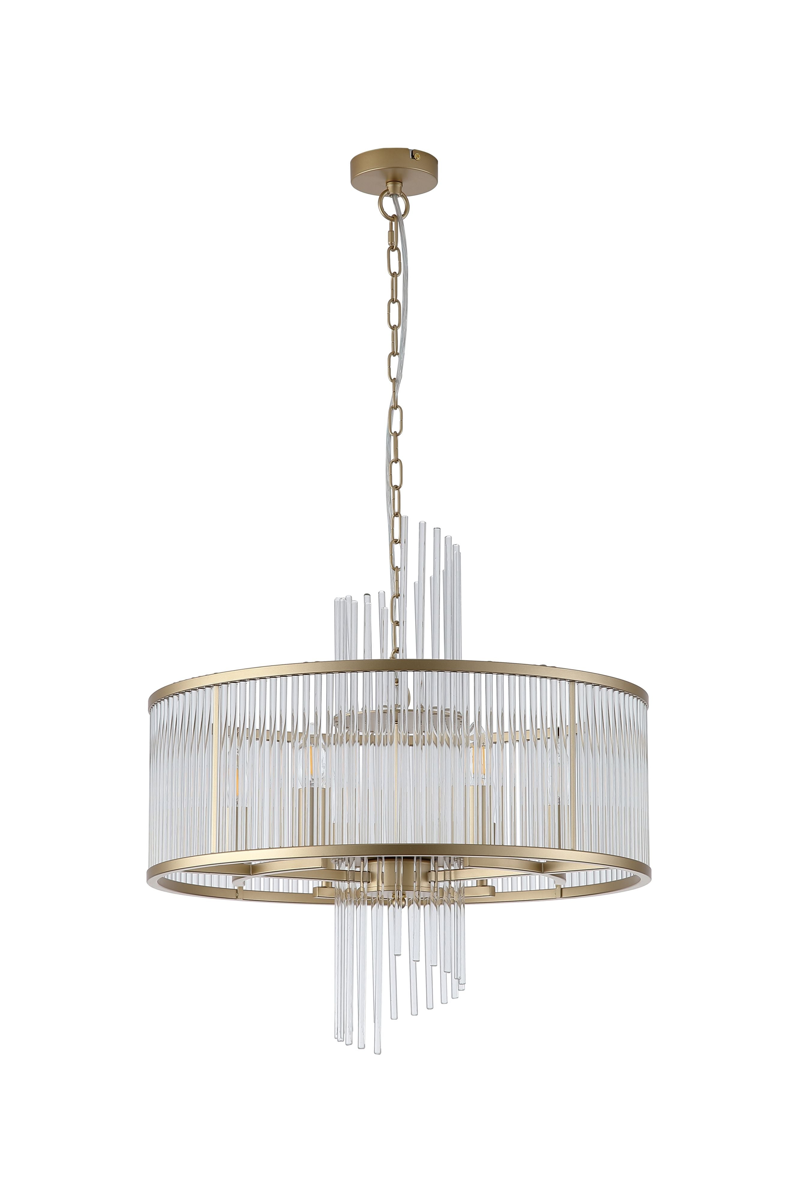 Searchlight Lara 6 light pendant in gold metal and clear glass rods, angled studio view showing the cascading glass rod tiers above and below the frame