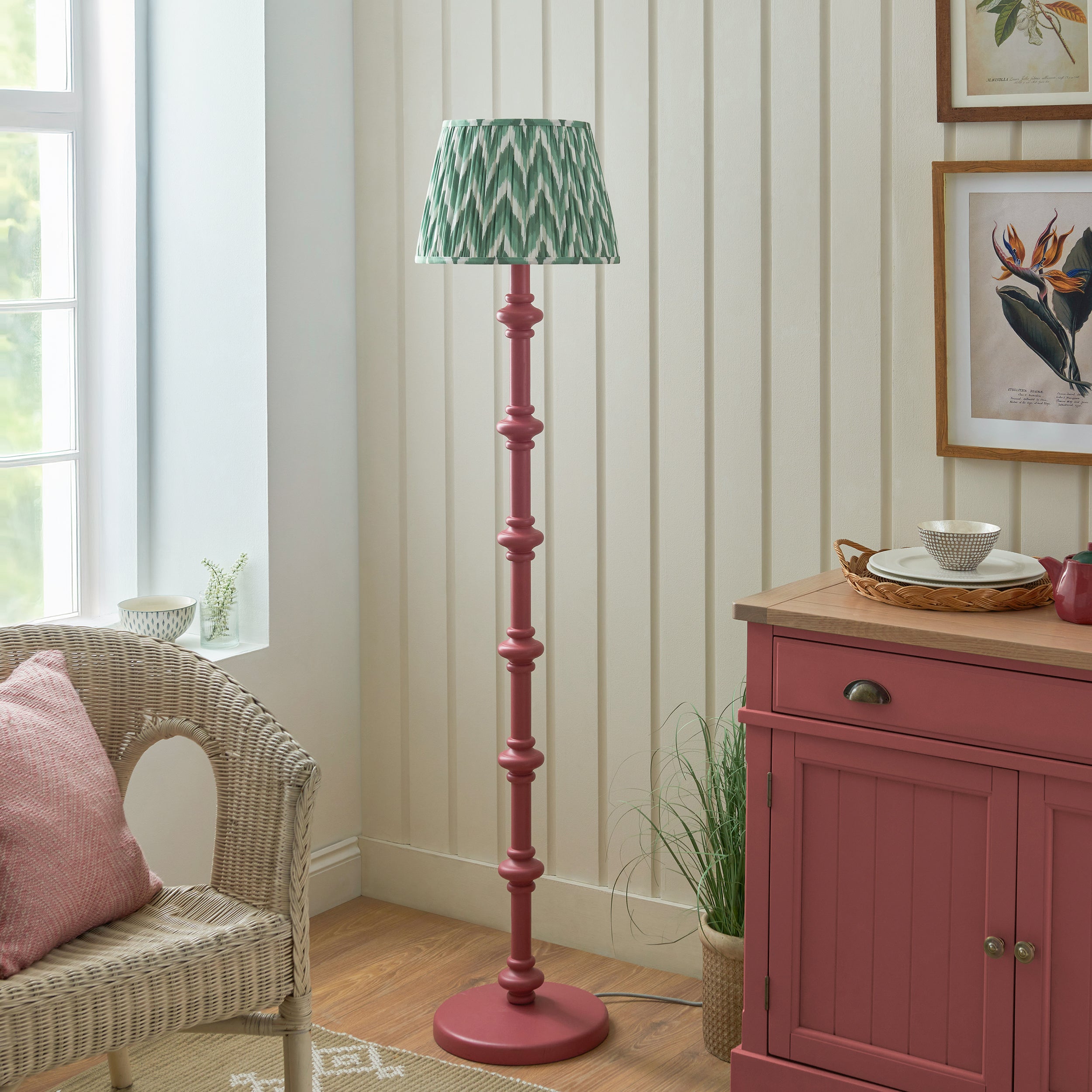 Endon Carnaby Satin Pink Clay Floor Lamp & Zigzag 35cm Cotswold Green Shade