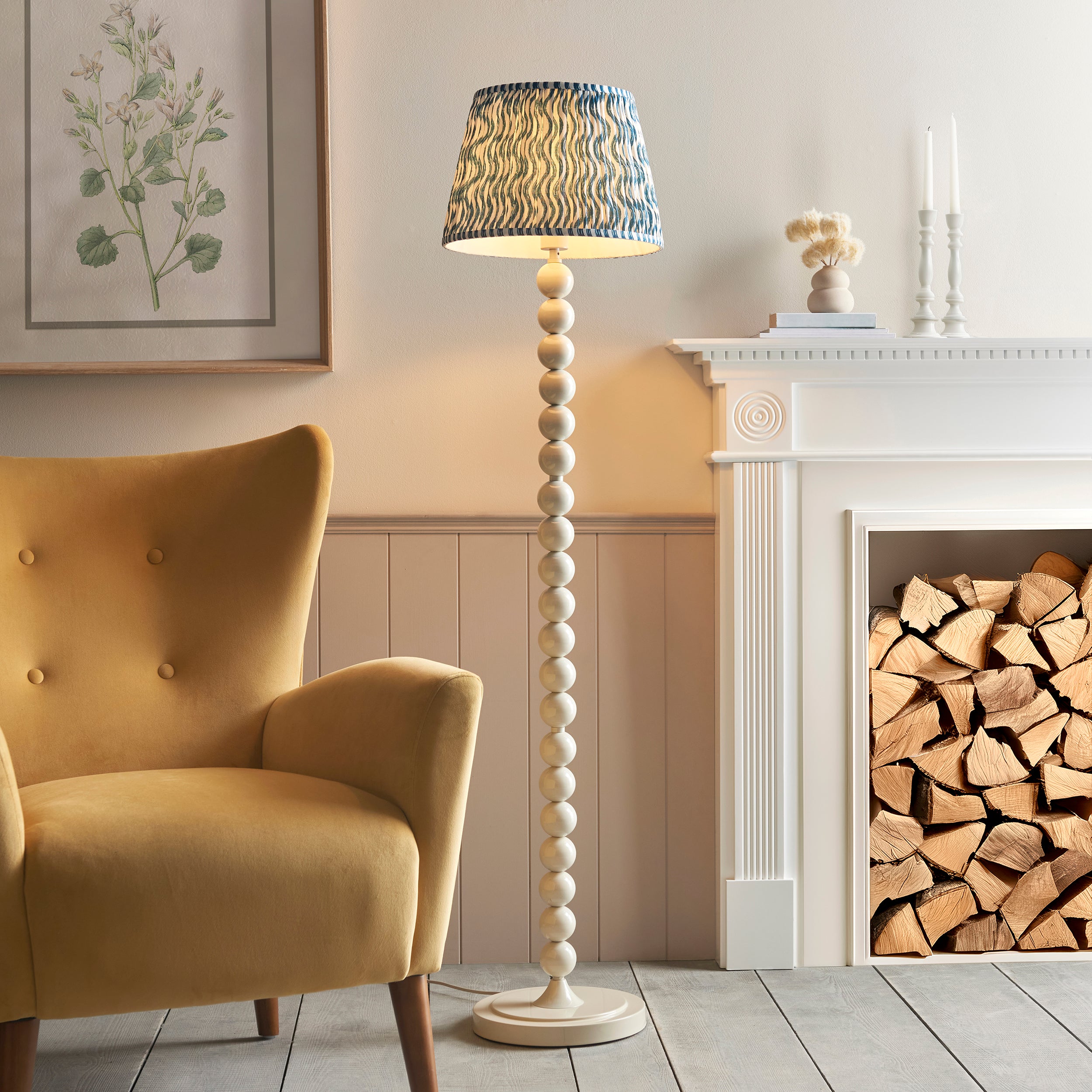 Endon Higgledy Gloss Almond White Floor Lamp & Ripple 35cm Marlin Blue Shade