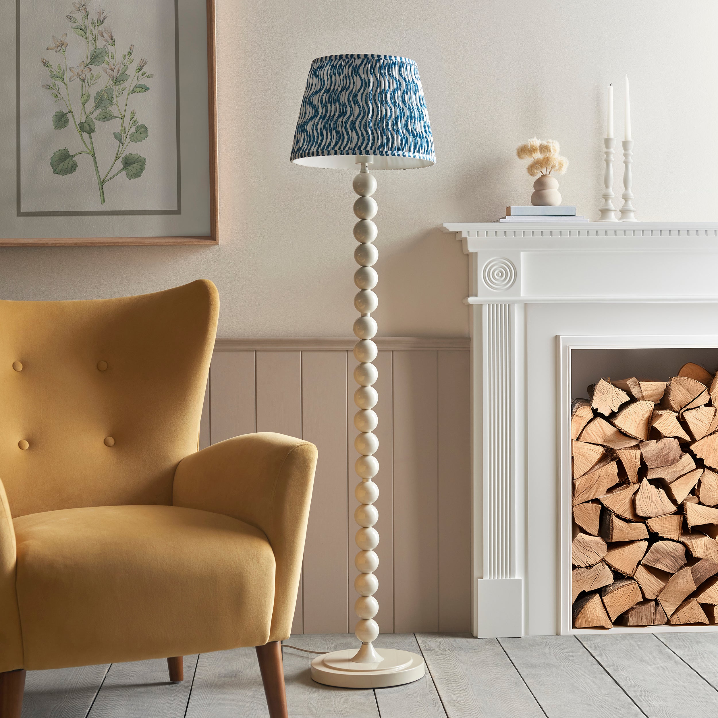 Endon Higgledy Gloss Almond White Floor Lamp & Ripple 35cm Marlin Blue Shade